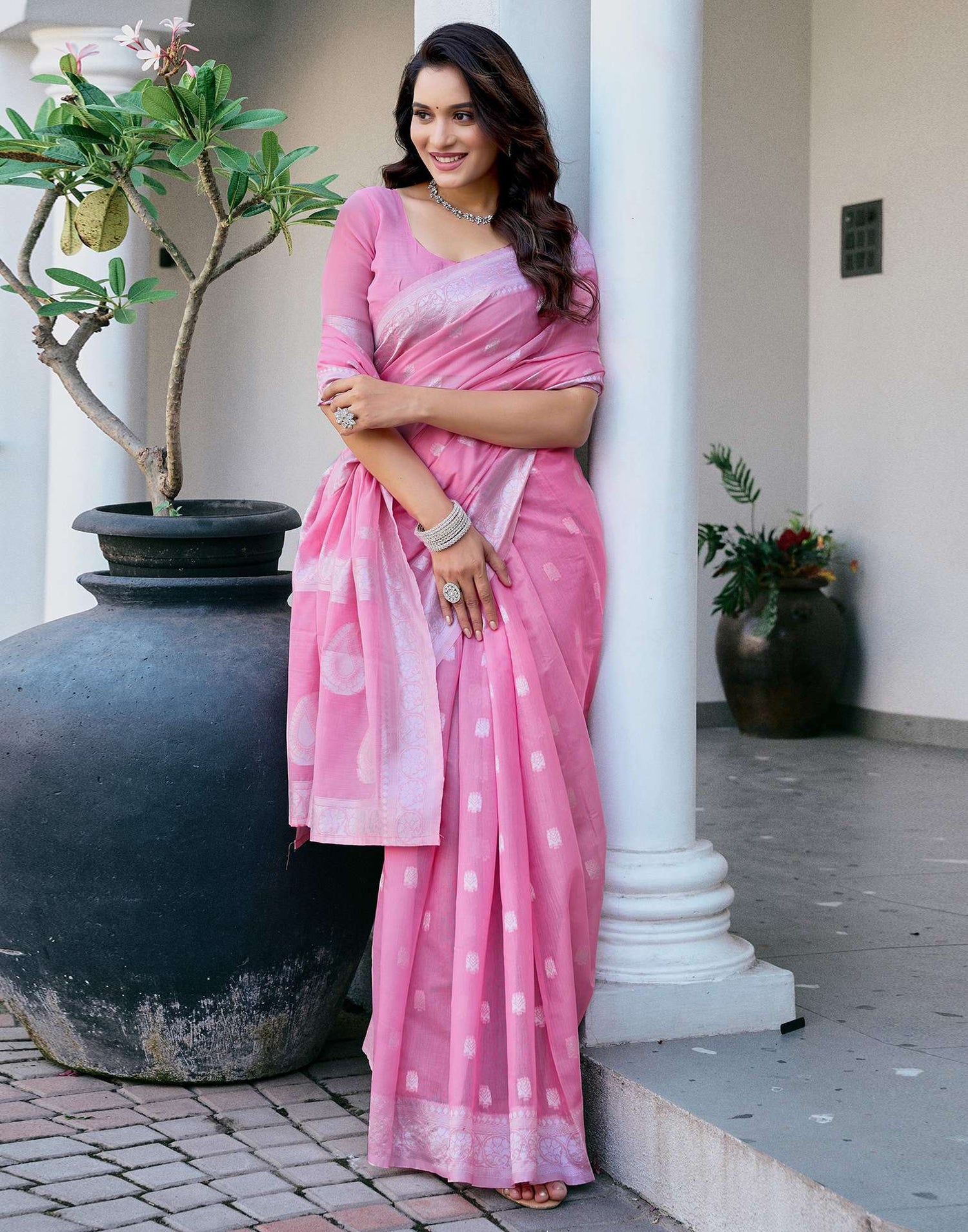 Light Pink Chanderi Woven Saree