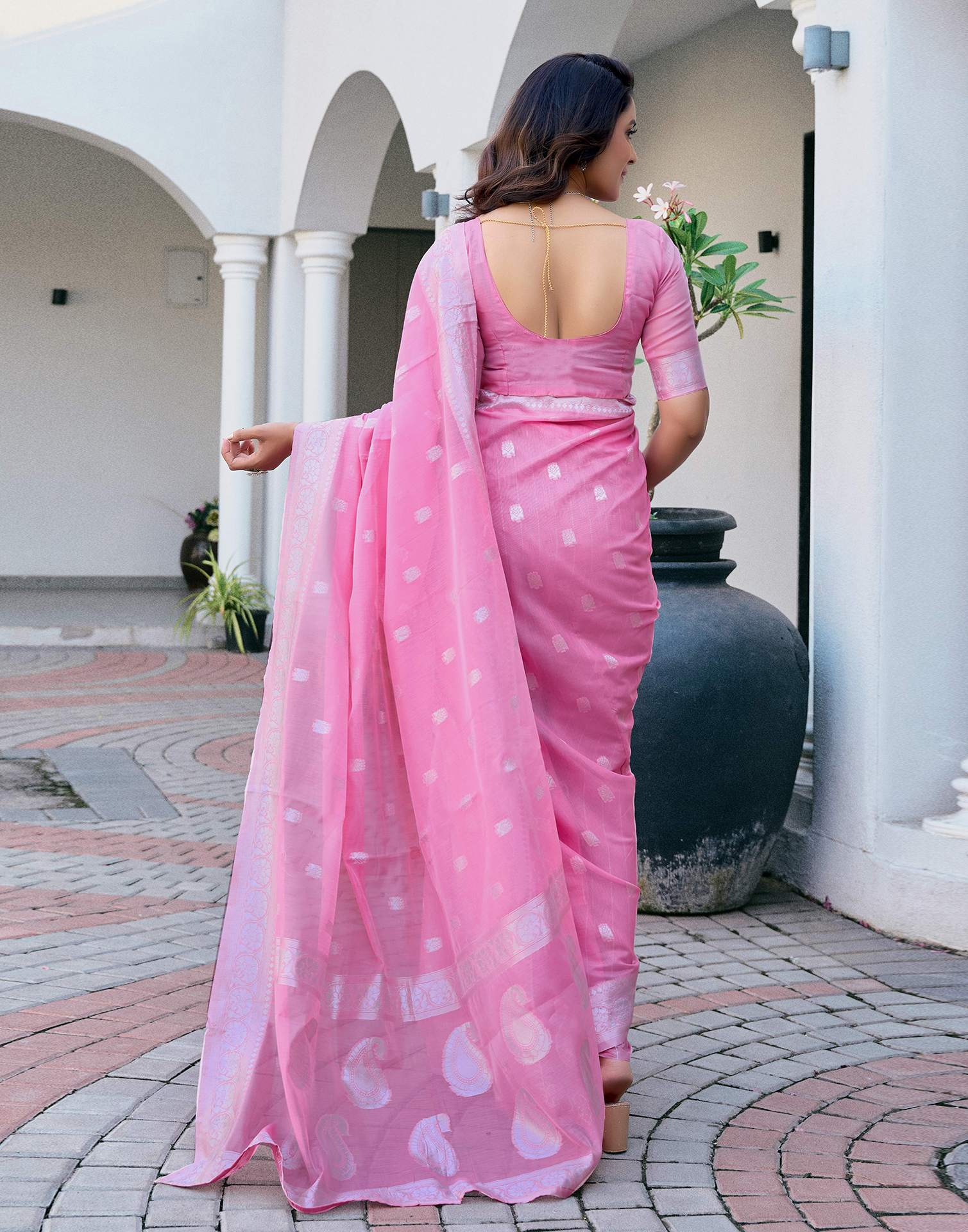 Light Pink Chanderi Woven Saree