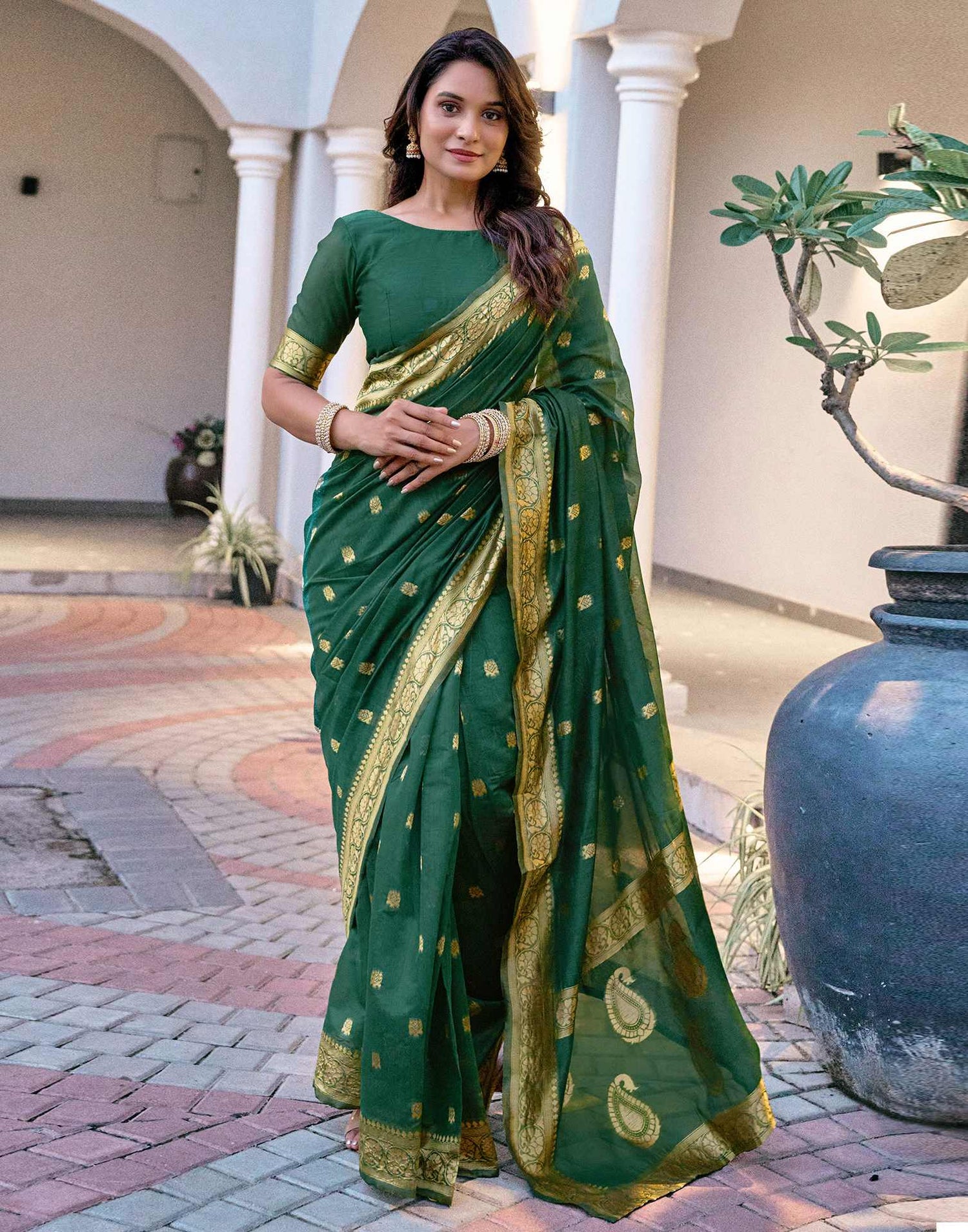 Dark Green Chanderi Woven Saree