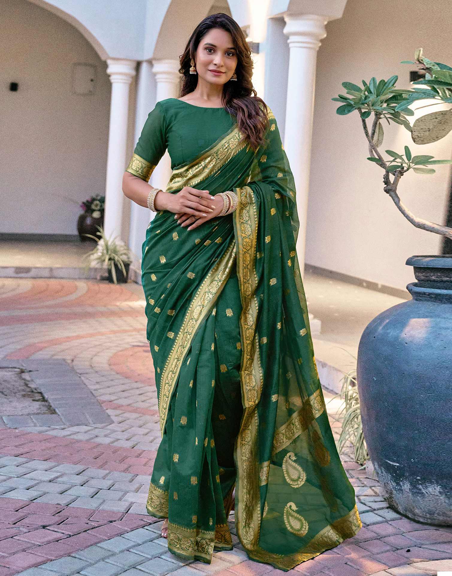 Dark Green Chanderi Woven Saree