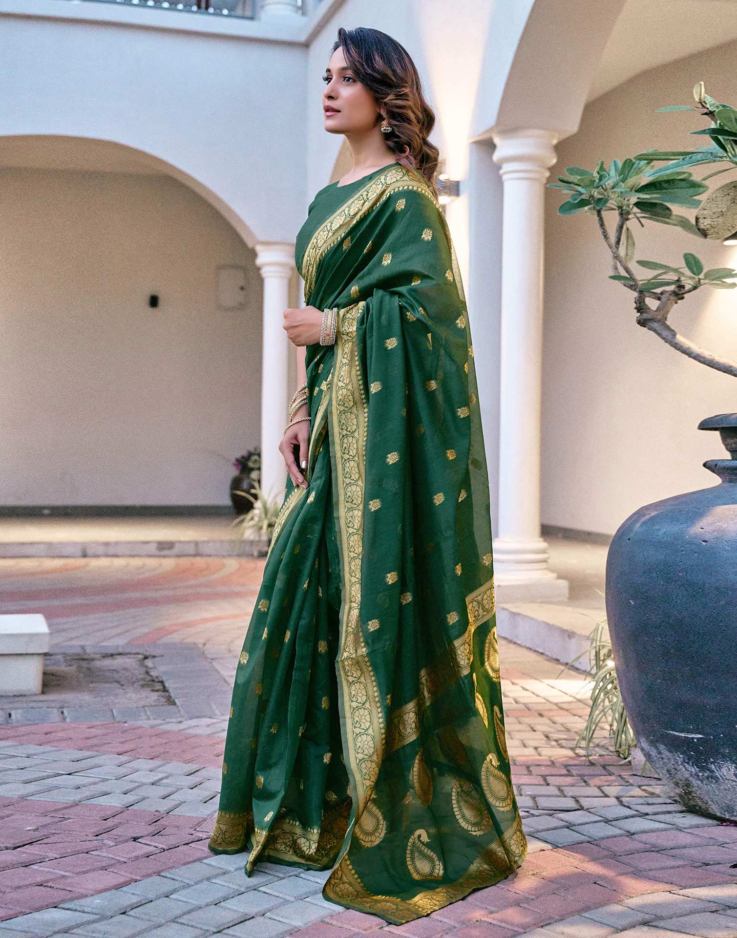 Dark Green Chanderi Woven Saree