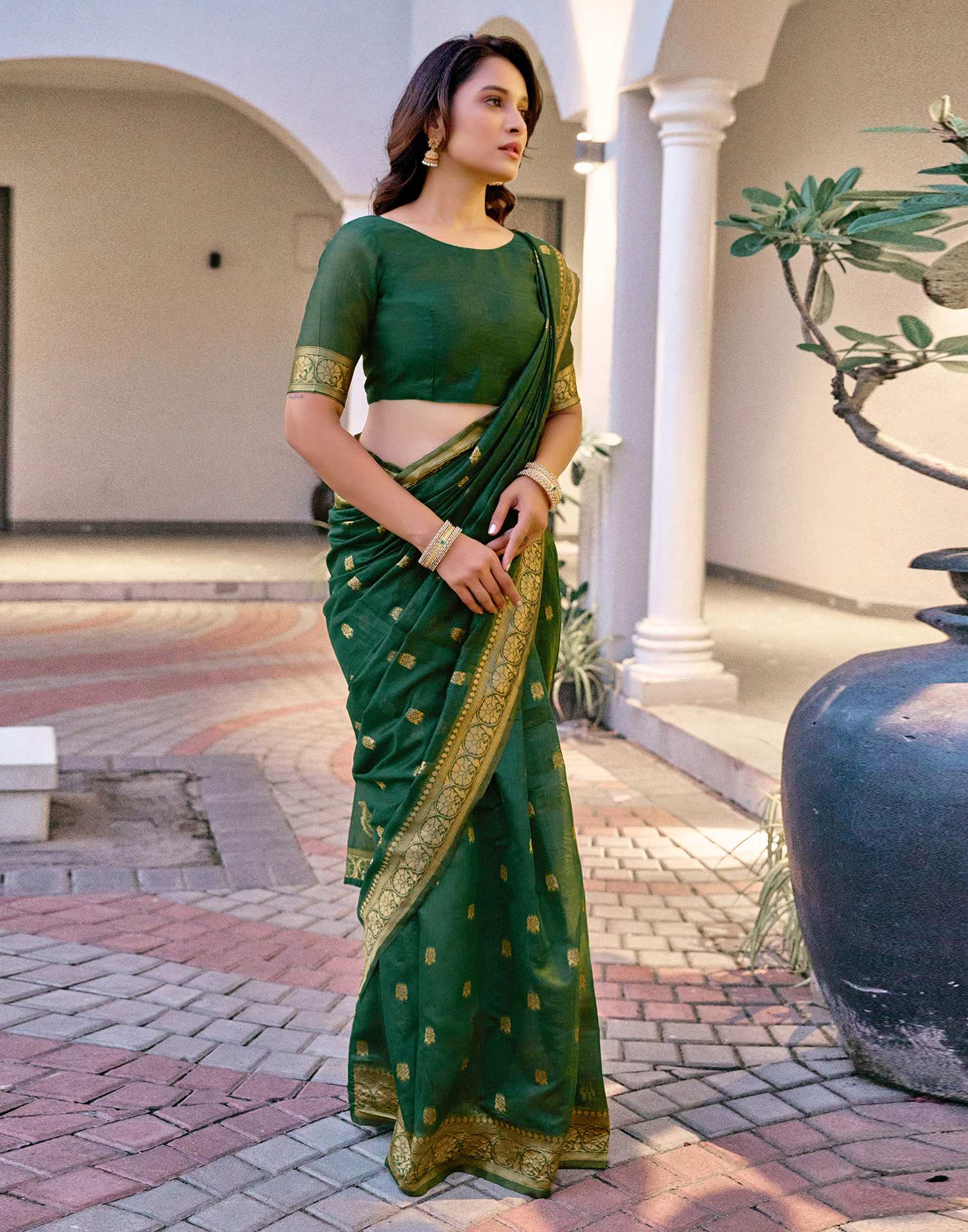 Dark Green Chanderi Woven Saree
