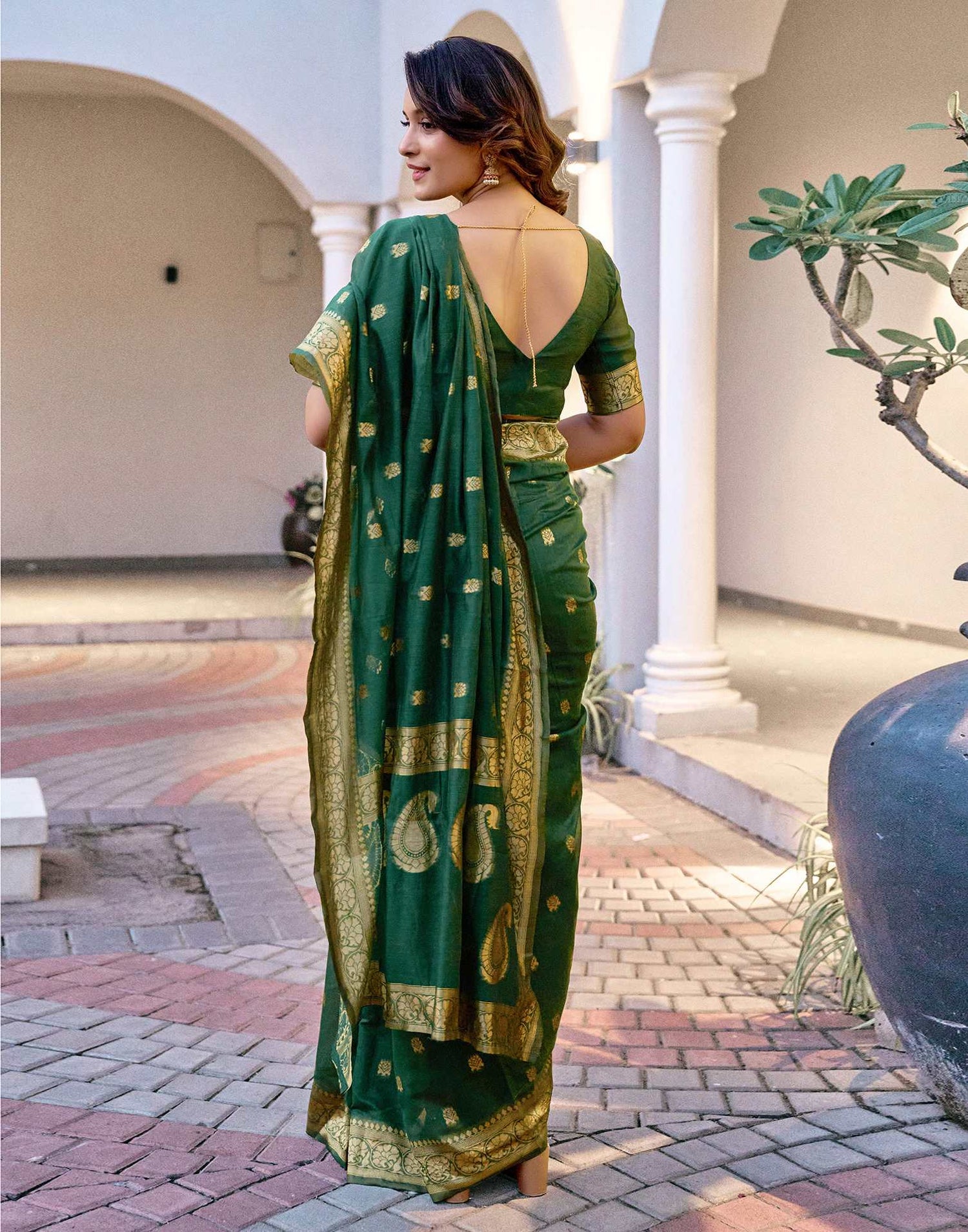 Dark Green Chanderi Woven Saree