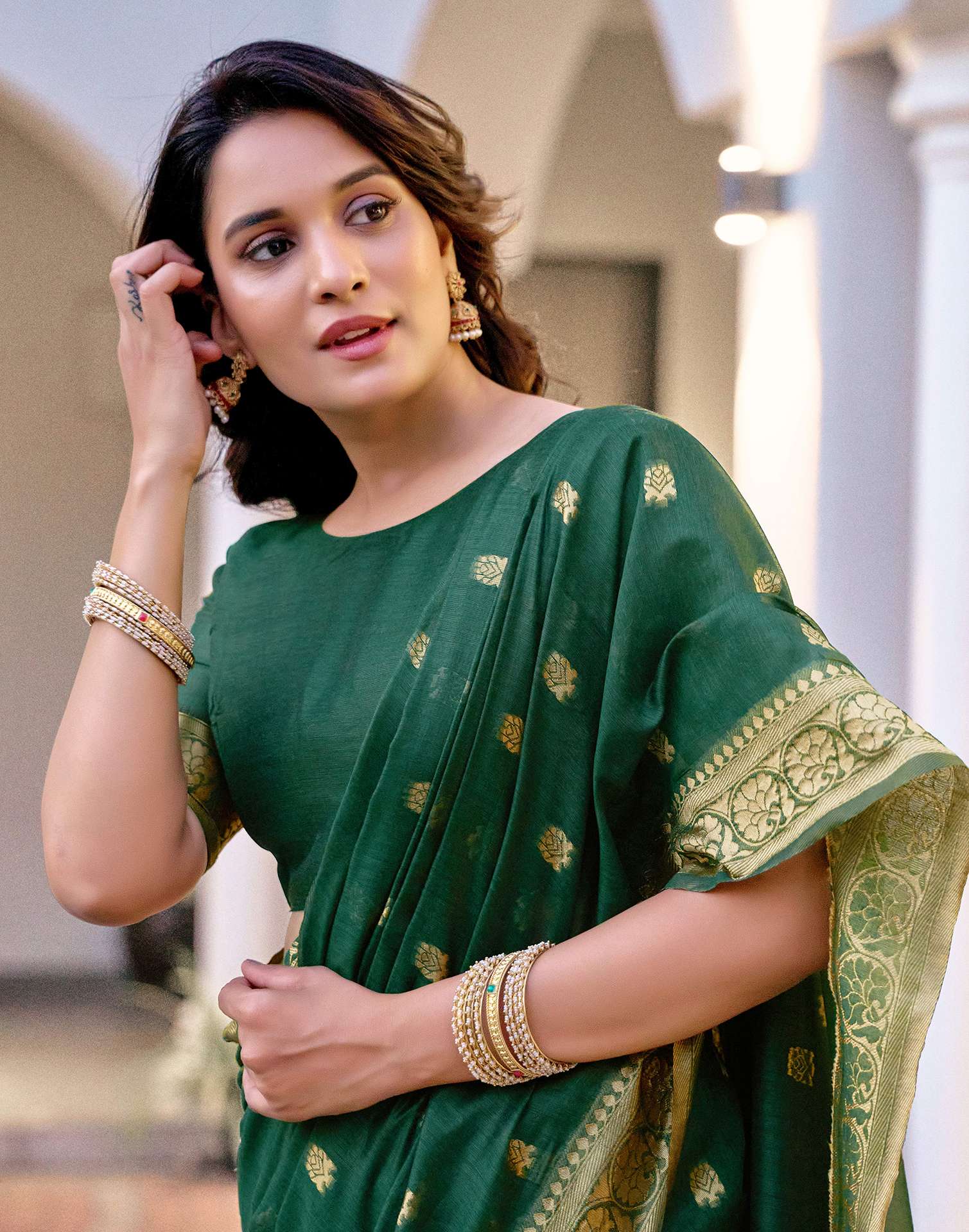 Dark Green Chanderi Woven Saree