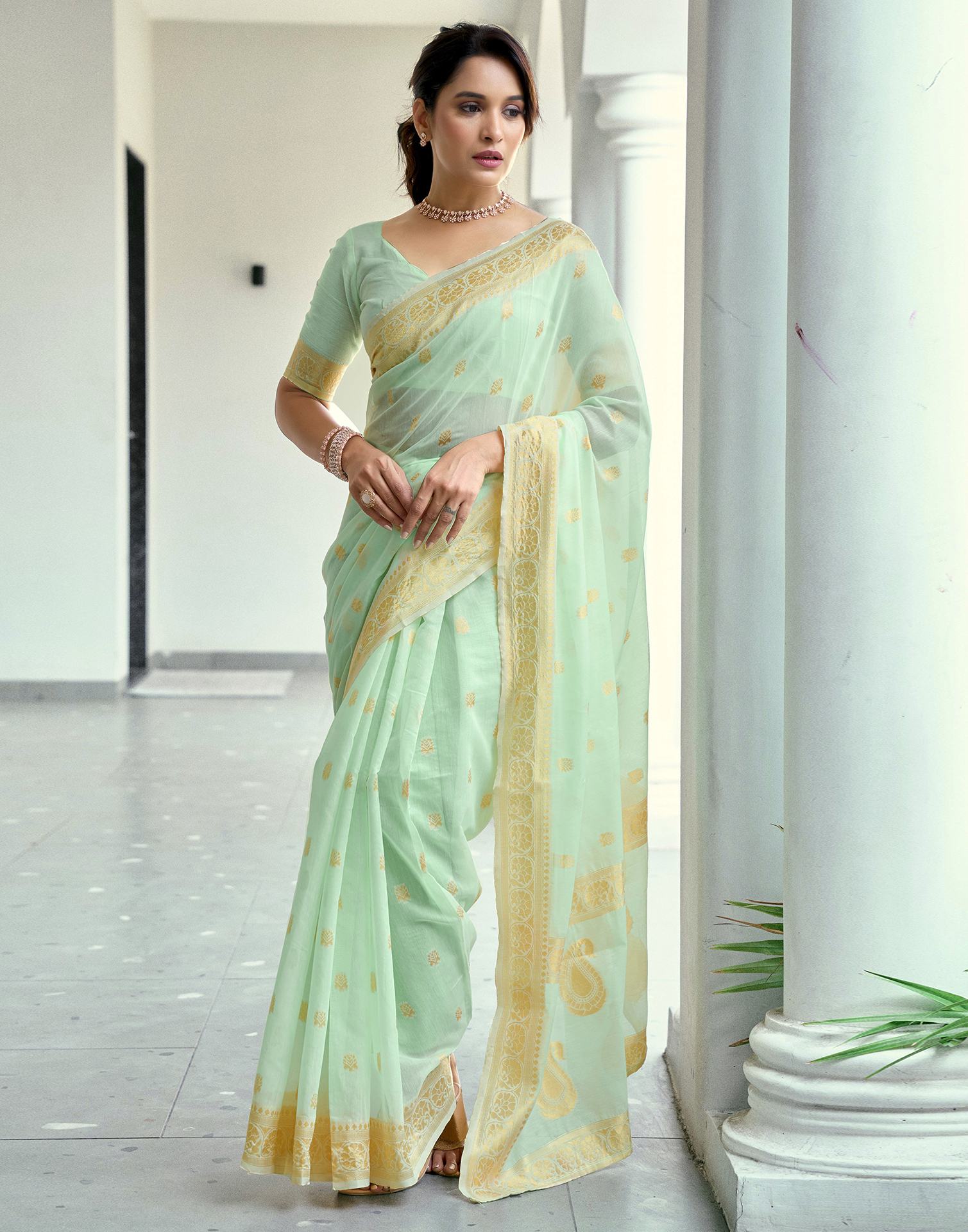 Light Mint Green Chanderi Woven Saree