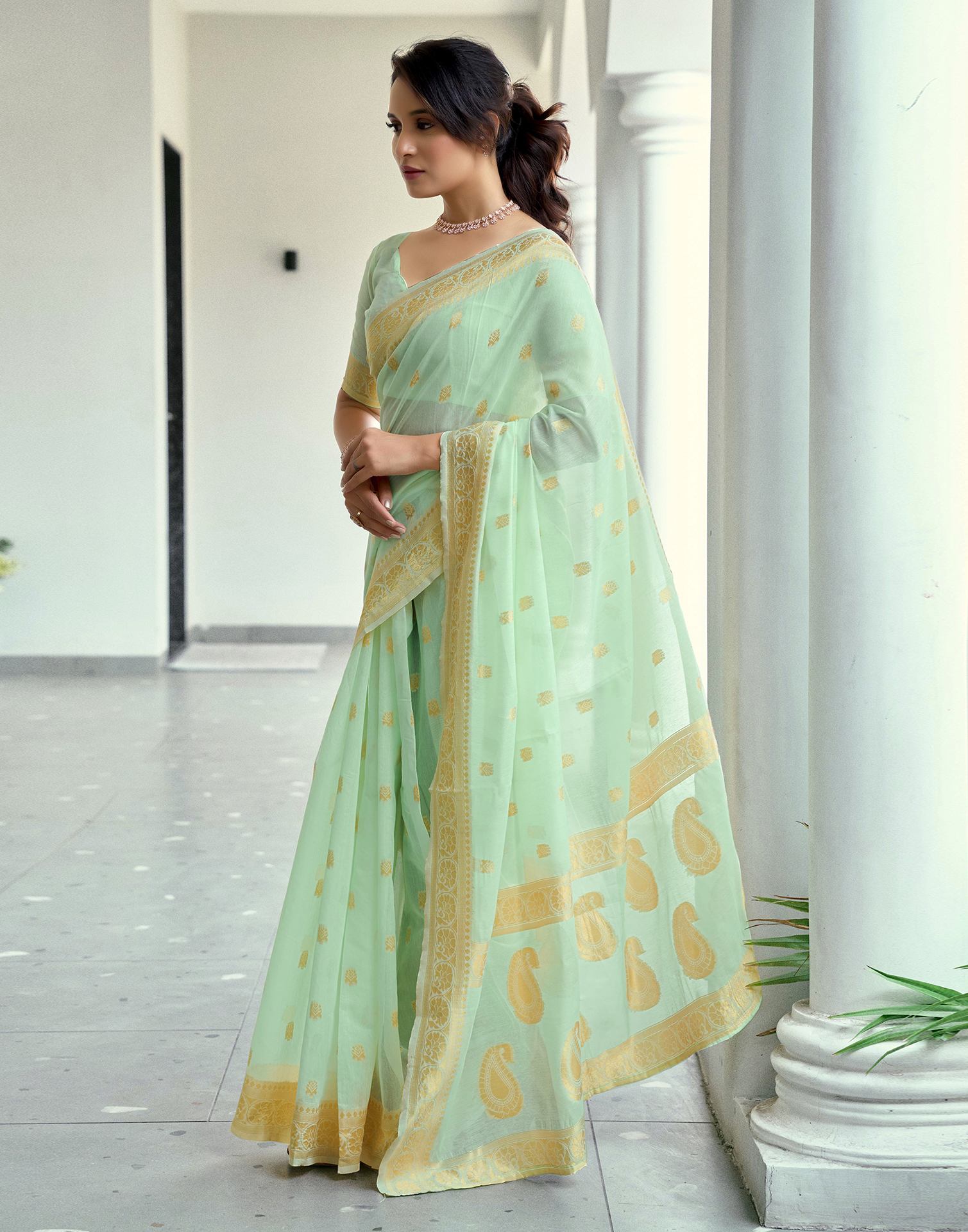 Light Mint Green Chanderi Woven Saree