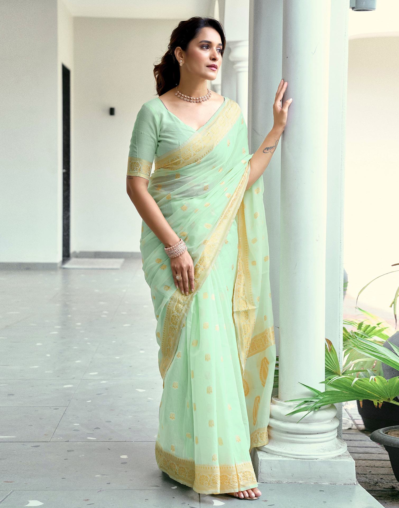 Light Mint Green Chanderi Woven Saree