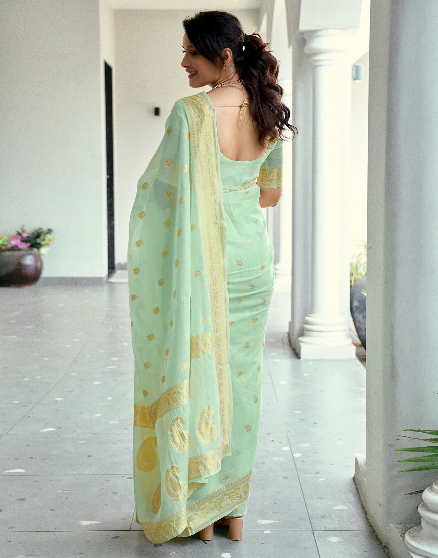 Light Mint Green Chanderi Woven Saree