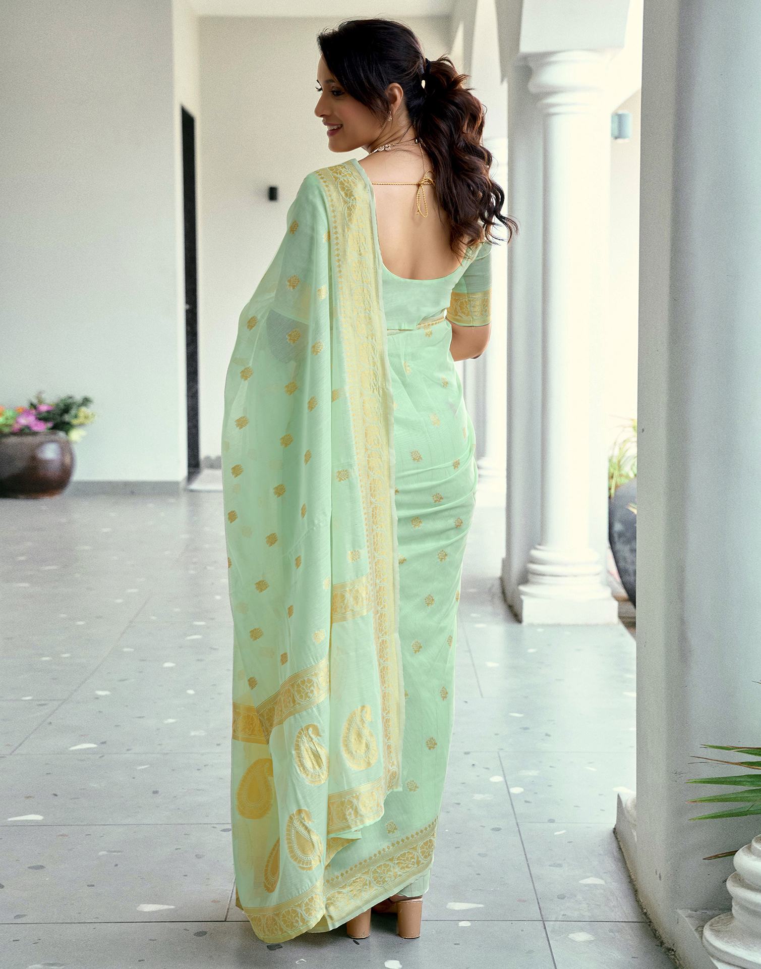 Light Mint Green Chanderi Woven Saree