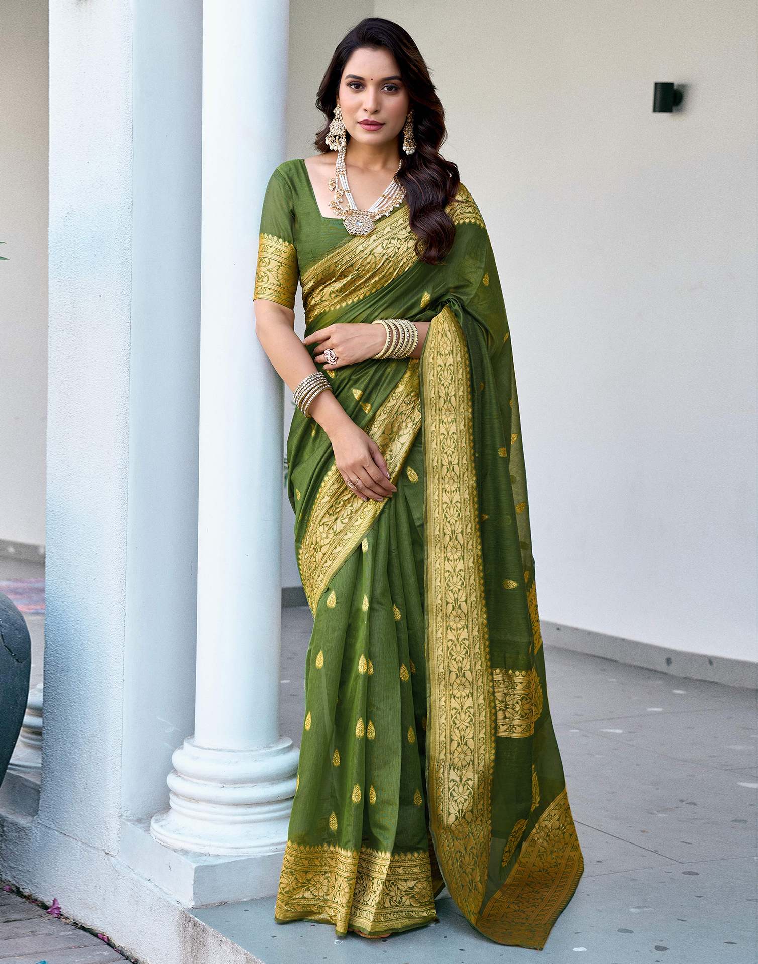 Olive Green Chanderi Woven Saree