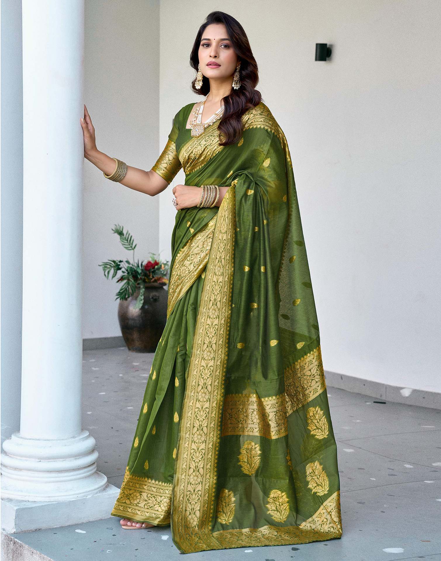 Olive Green Chanderi Woven Saree