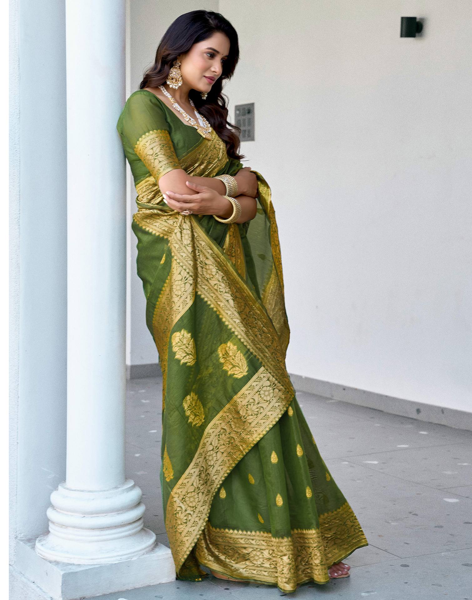 Olive Green Chanderi Woven Saree