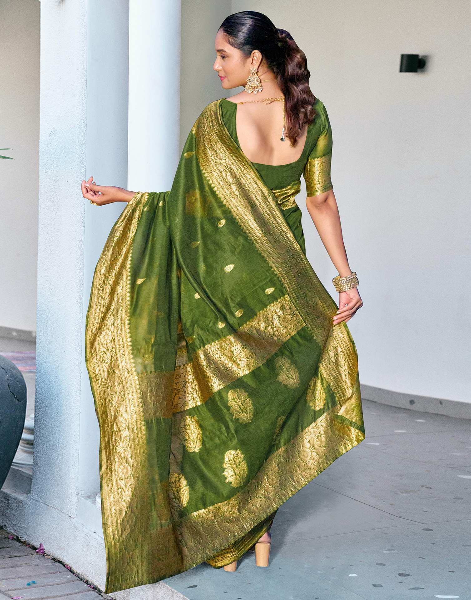 Olive Green Chanderi Woven Saree