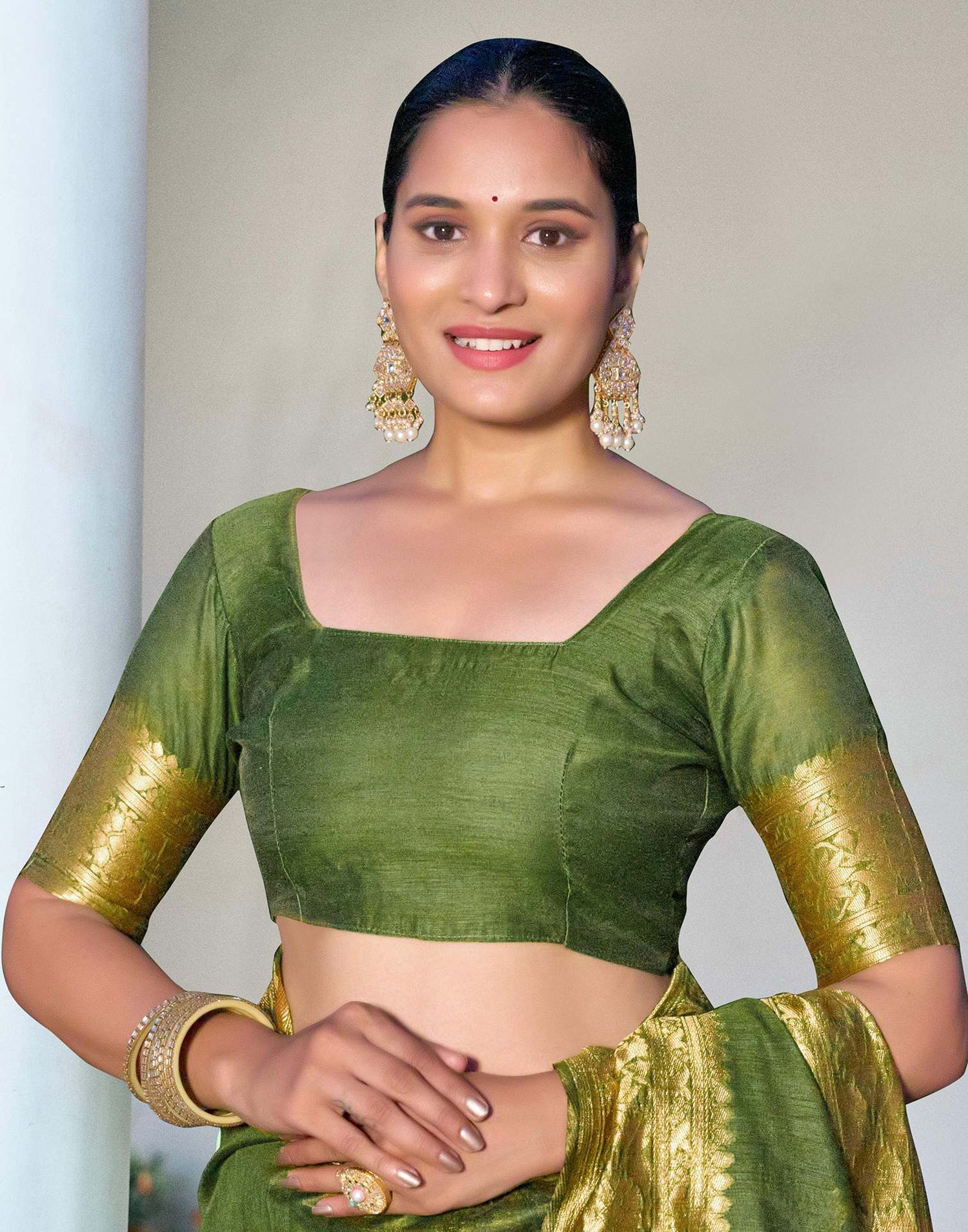 Olive Green Chanderi Woven Saree