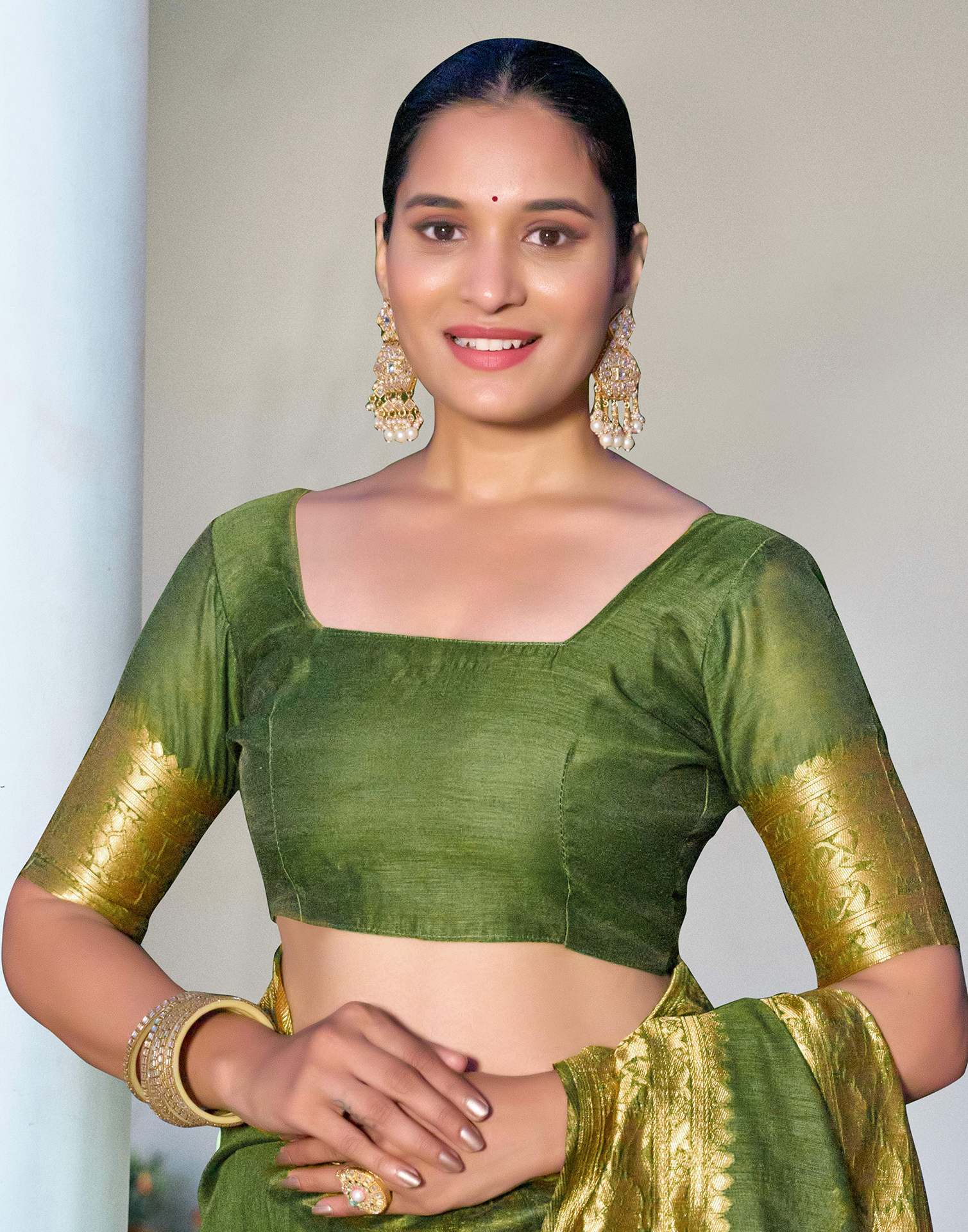 Olive Green Chanderi Woven Saree