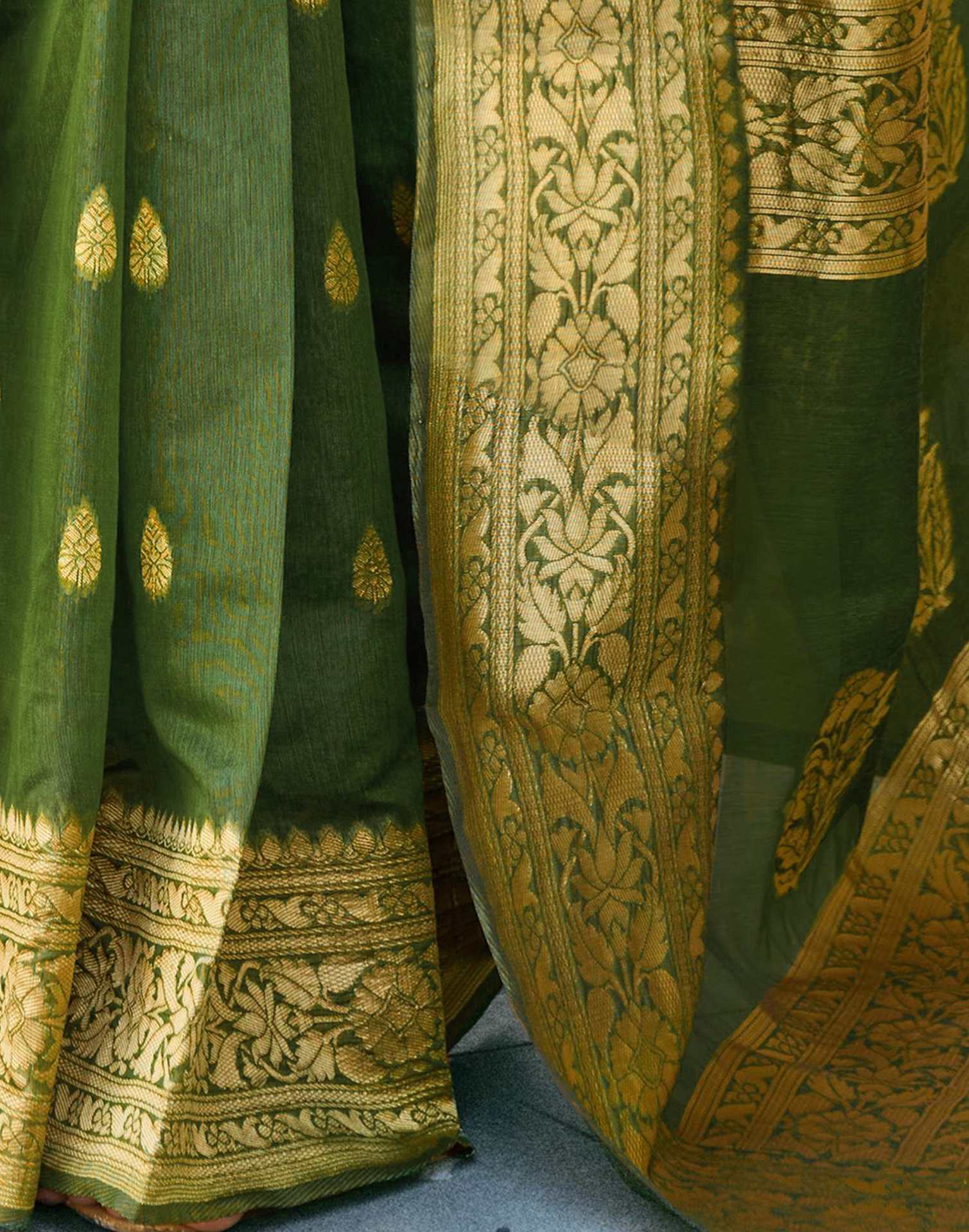 Olive Green Chanderi Woven Saree