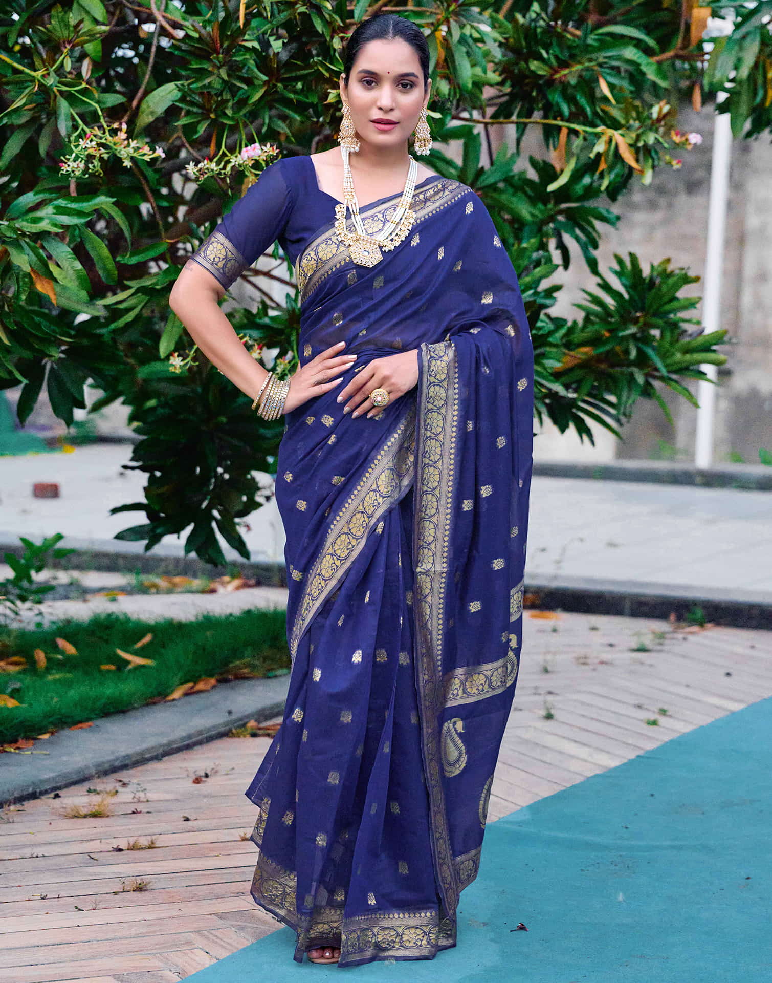Navy Blue Chanderi Woven Saree