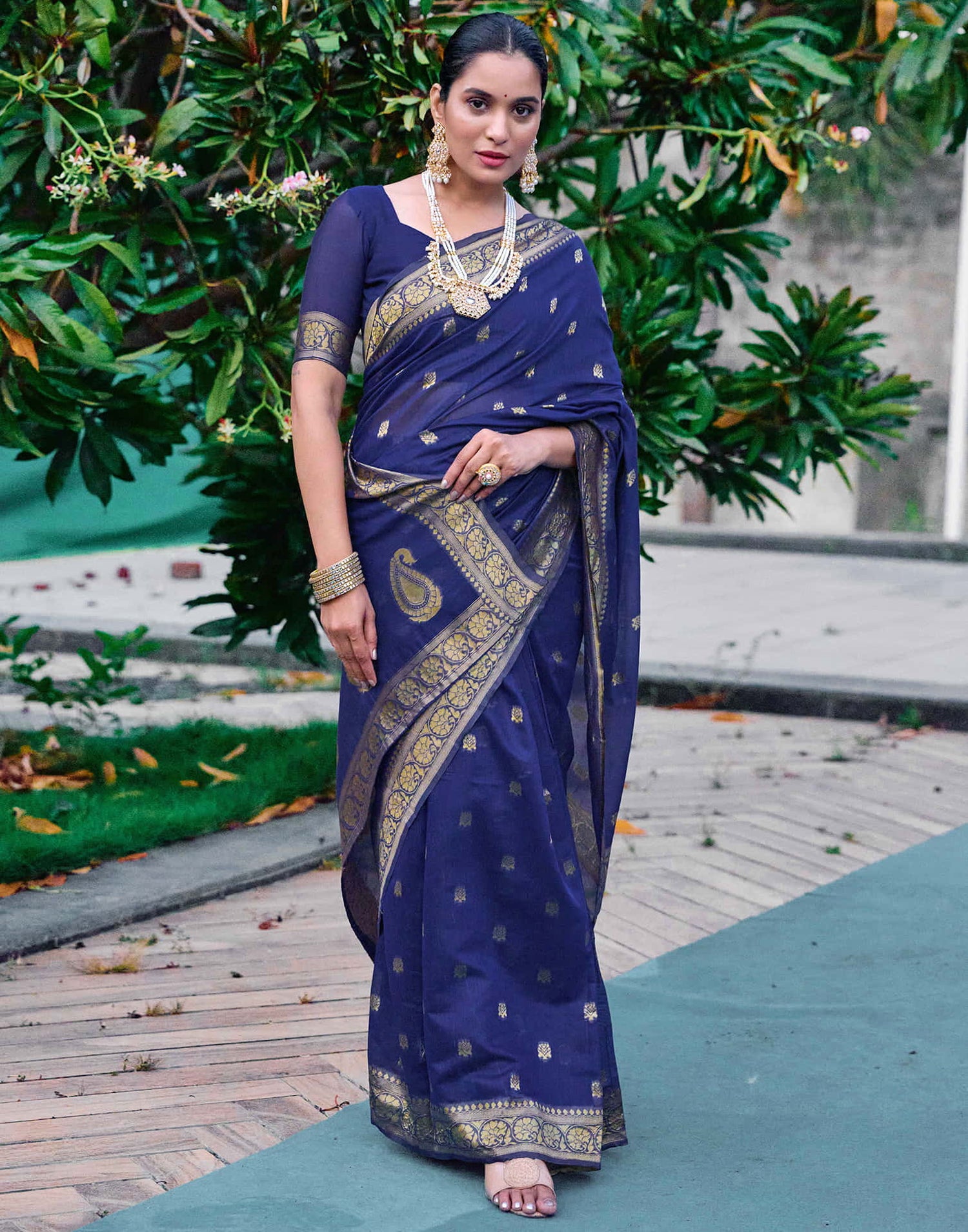 Navy Blue Chanderi Woven Saree