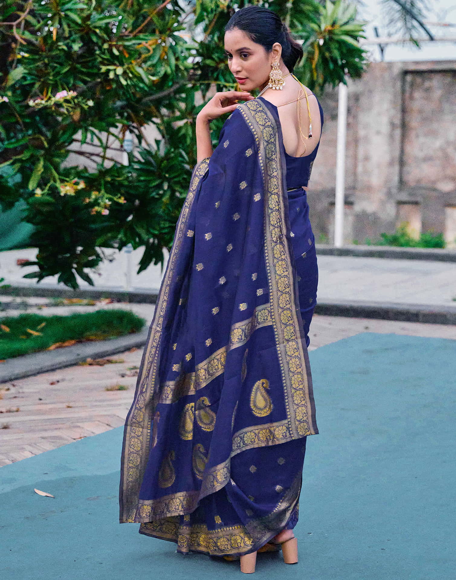 Navy Blue Chanderi Woven Saree