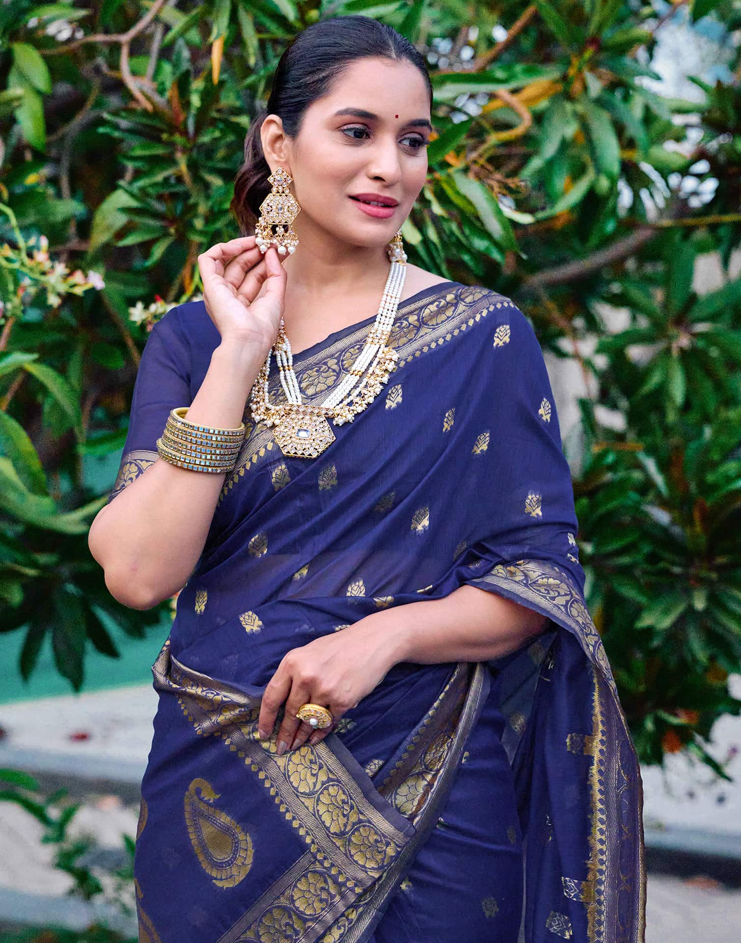 Navy Blue Chanderi Woven Saree