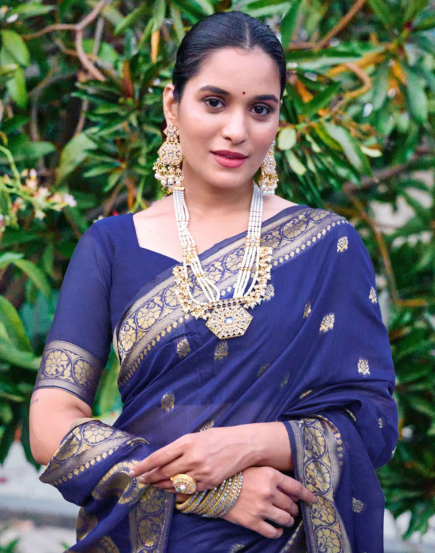 Navy Blue Chanderi Woven Saree