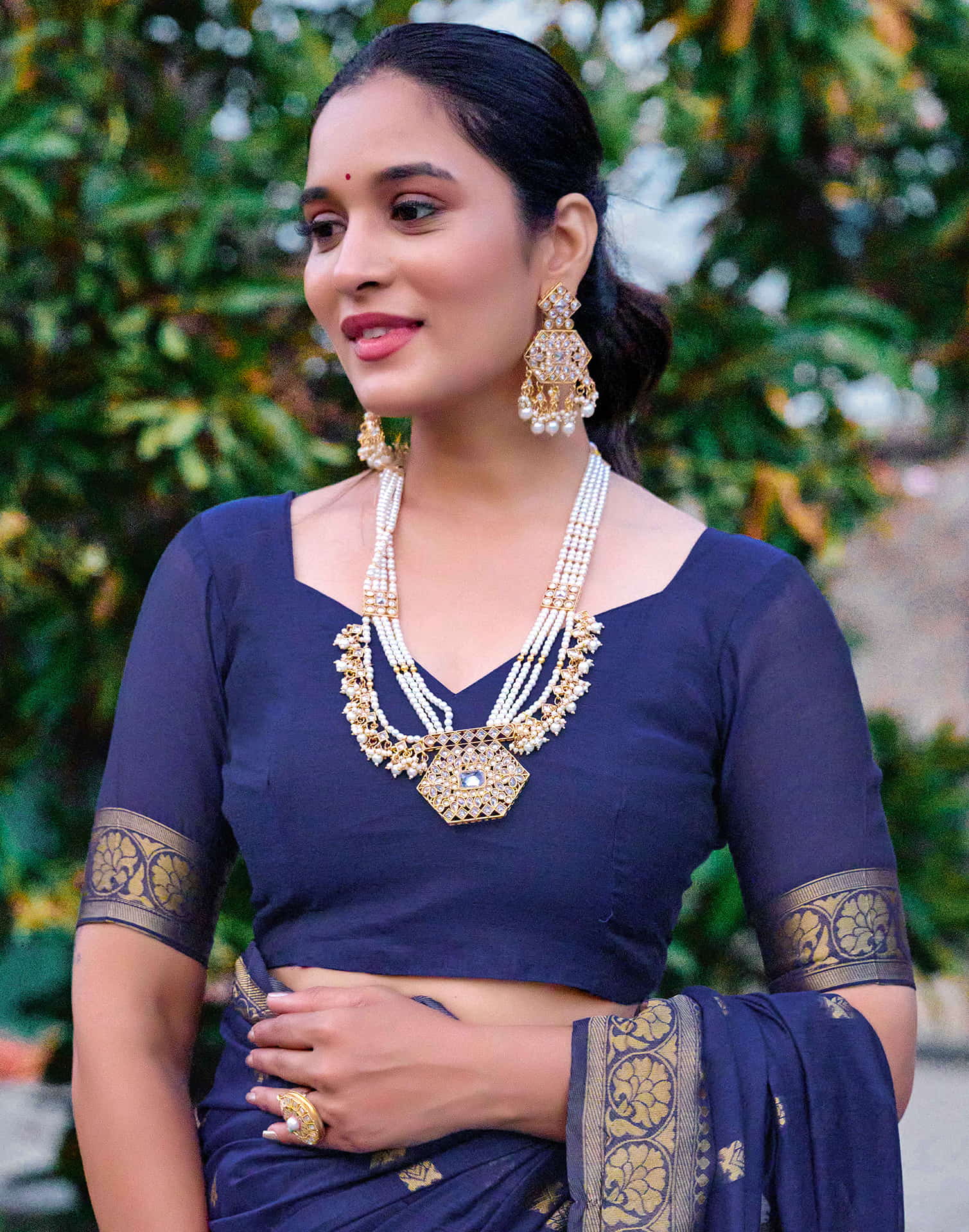 Navy Blue Chanderi Woven Saree