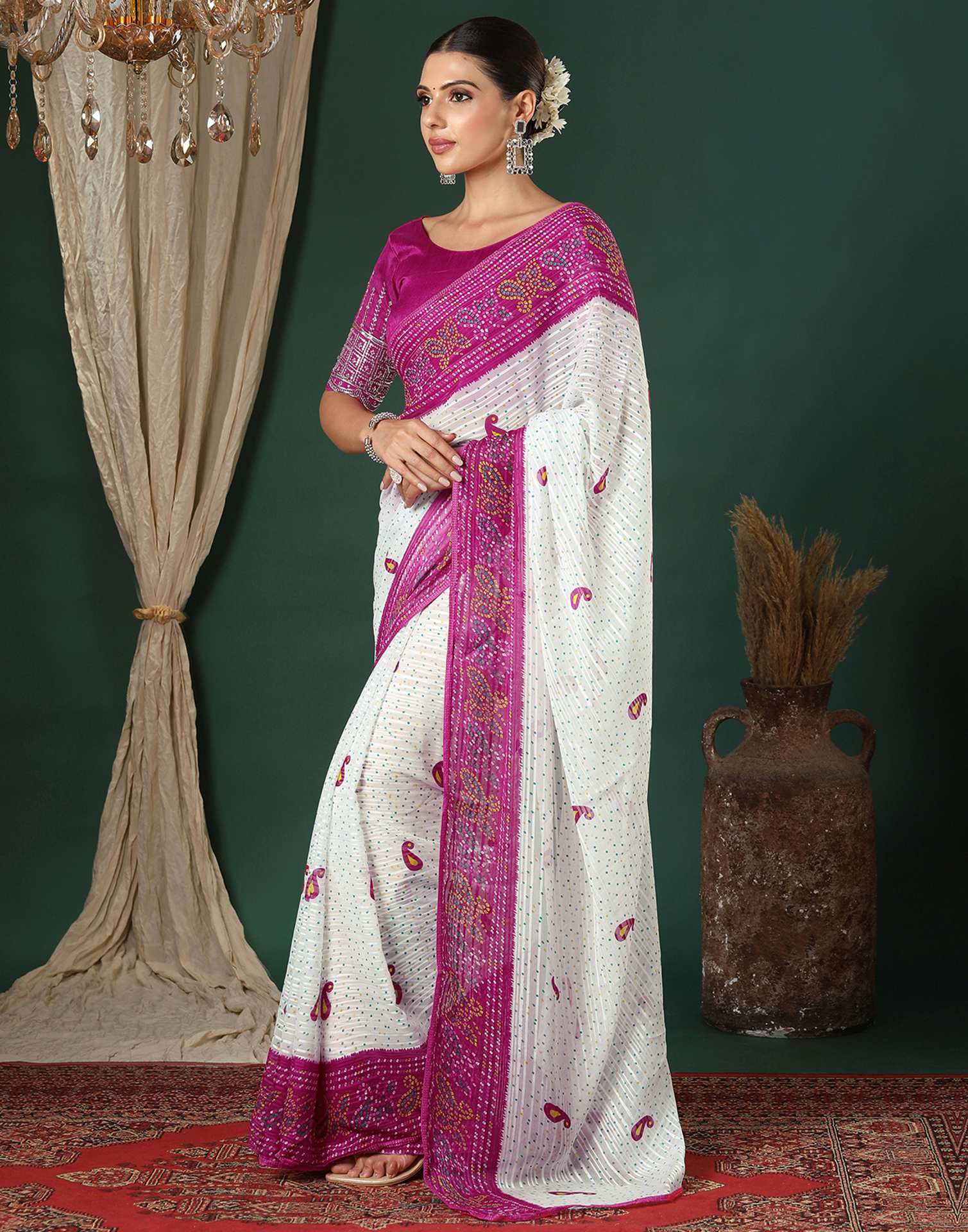 White Georgette Zari Stripe Bandhani Printed Saree