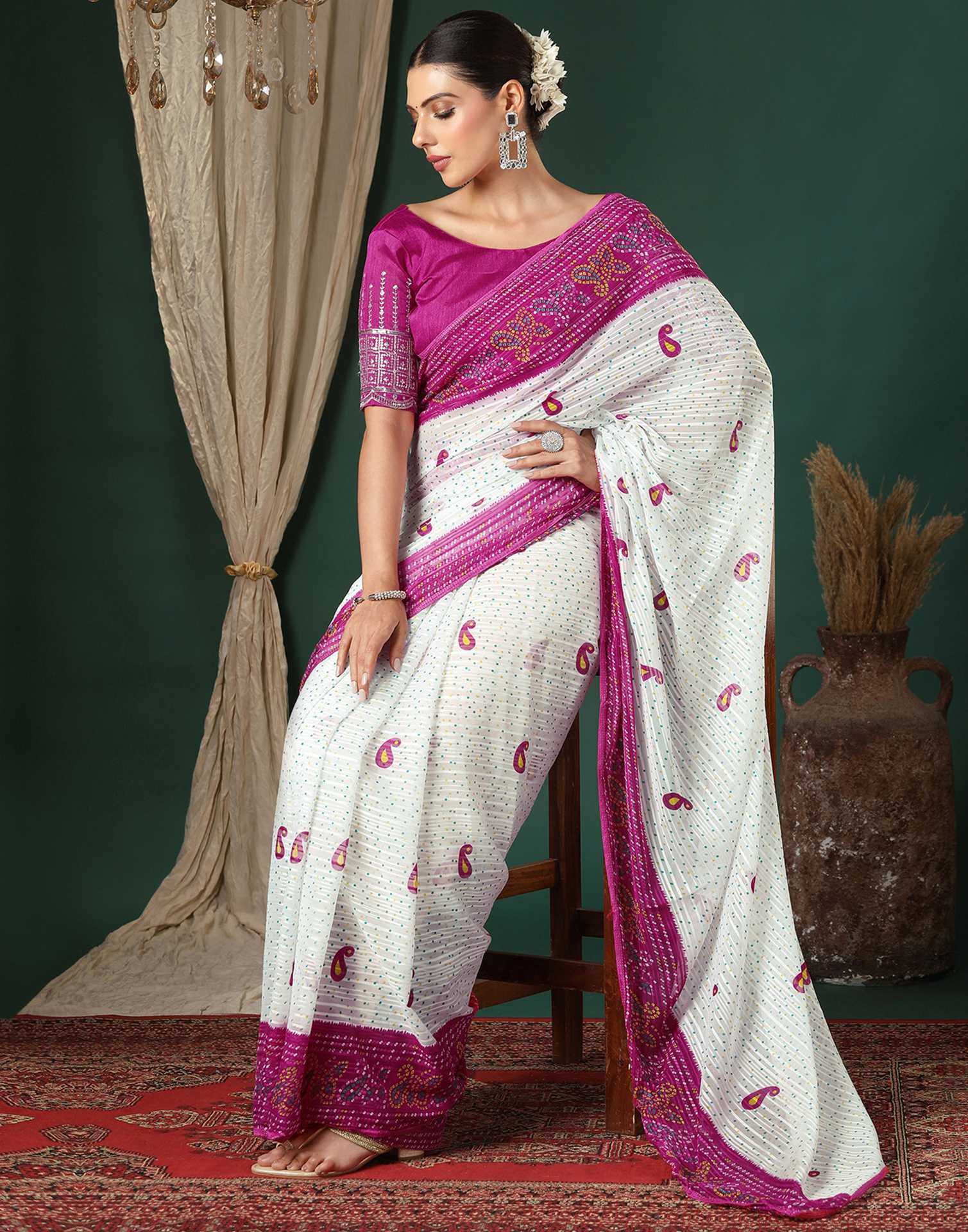 White Georgette Zari Stripe Bandhani Printed Saree