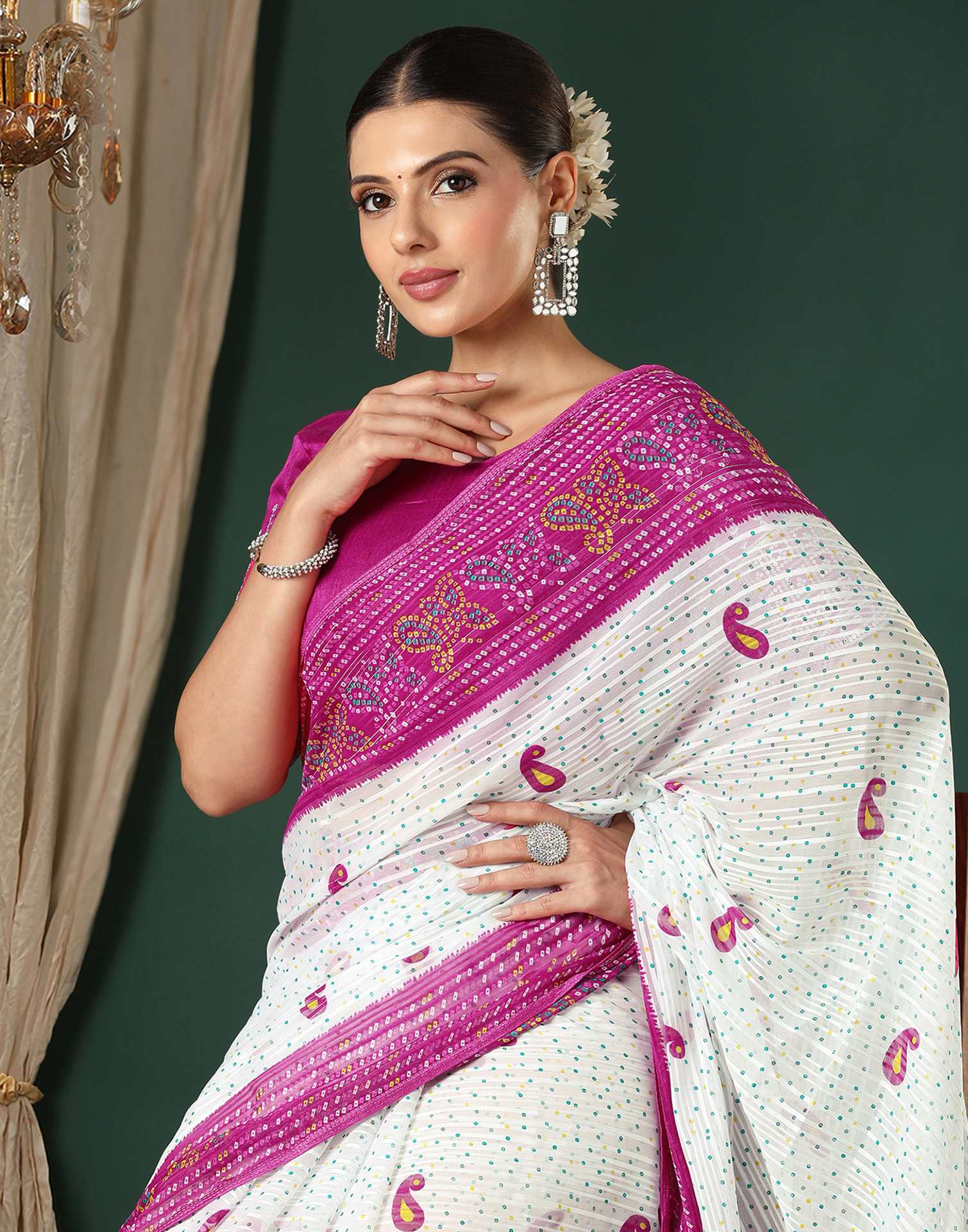 White Georgette Zari Stripe Bandhani Printed Saree