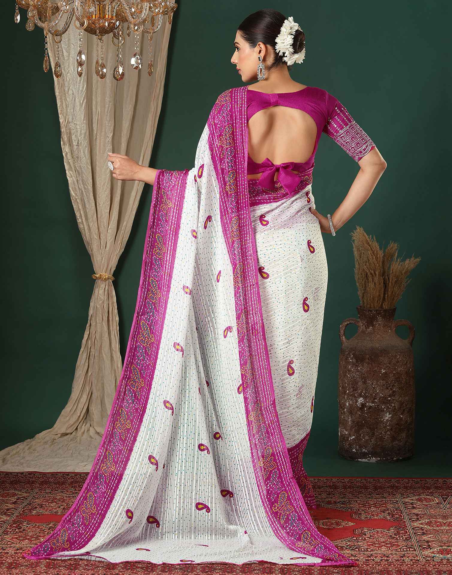 White Georgette Zari Stripe Bandhani Printed Saree