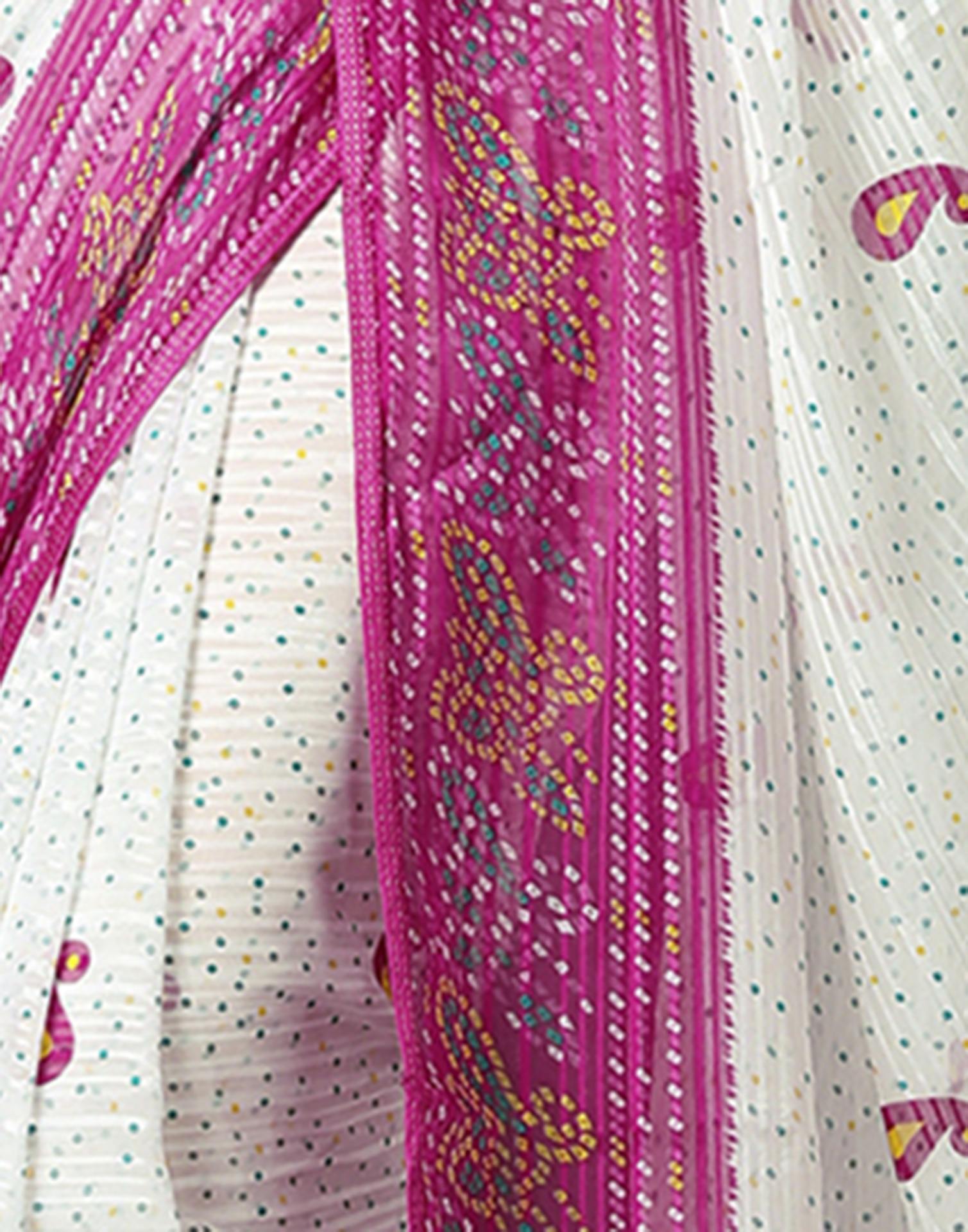 White Georgette Zari Stripe Bandhani Printed Saree