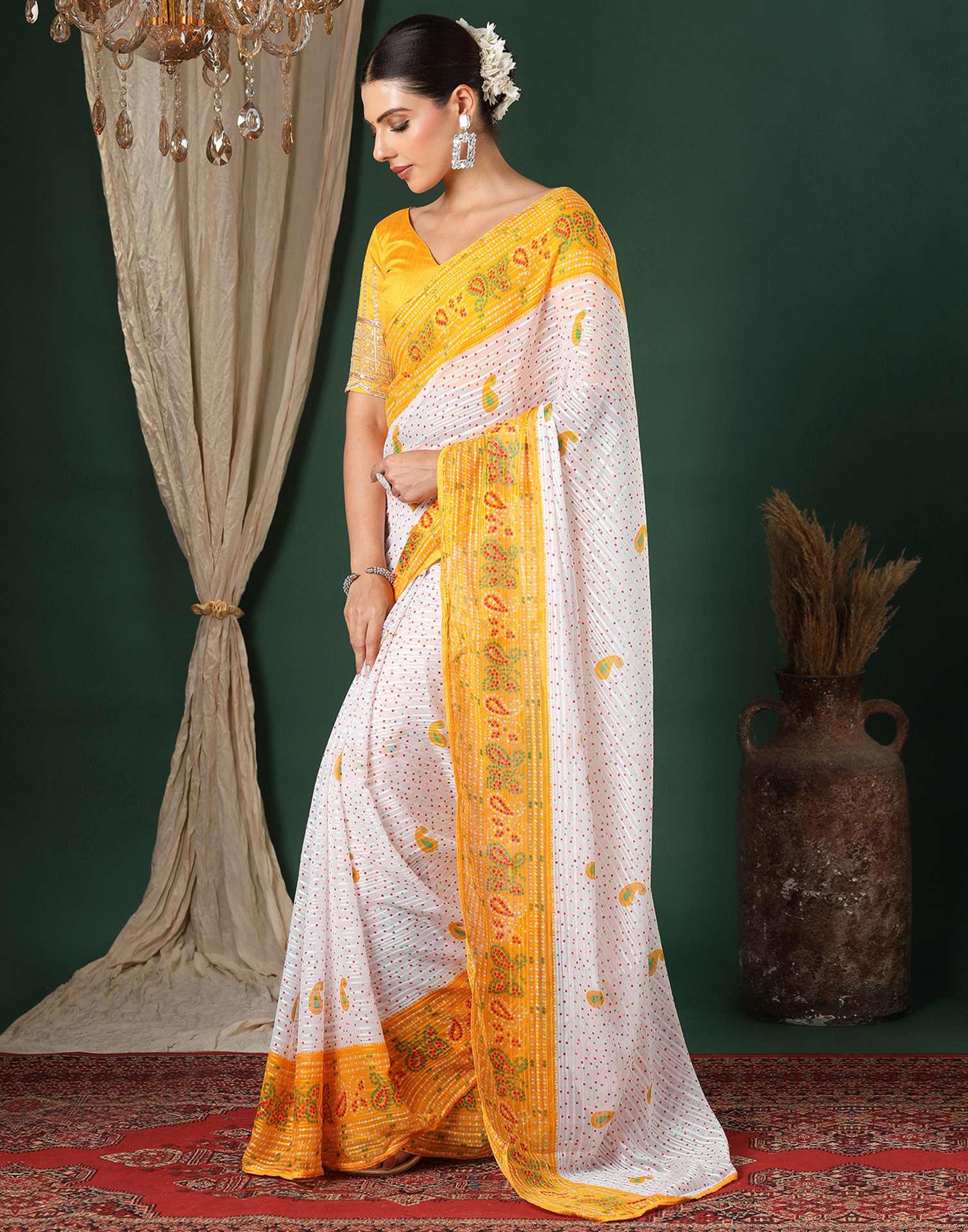 White Georgette Zari Stripe Bandhani Printed Saree