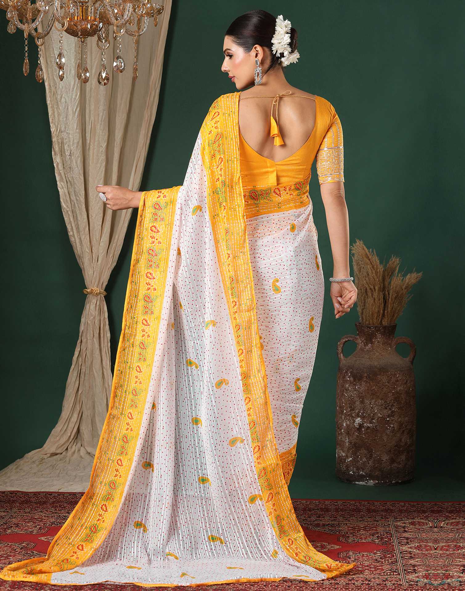 White Georgette Zari Stripe Bandhani Printed Saree