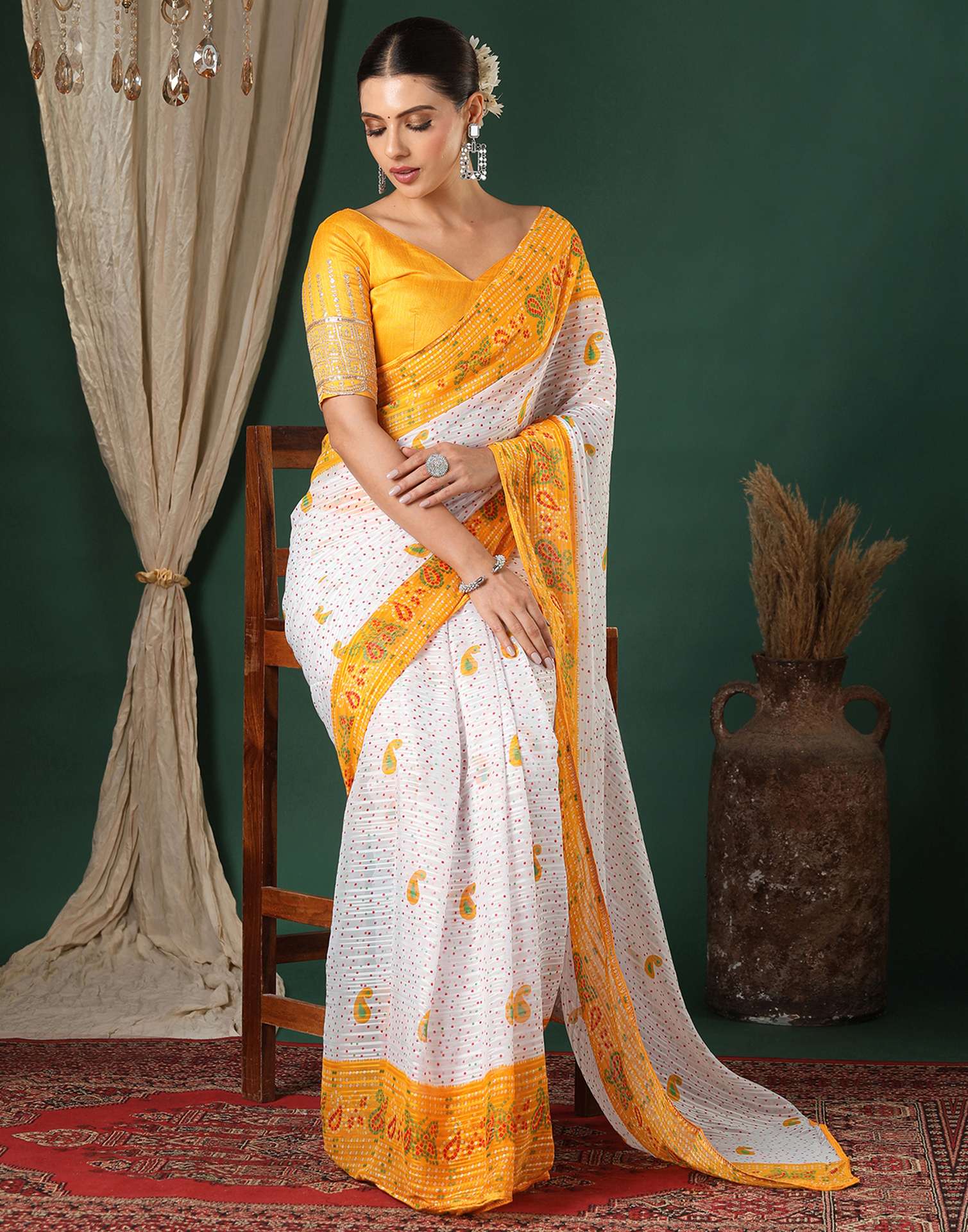 White Georgette Zari Stripe Bandhani Printed Saree