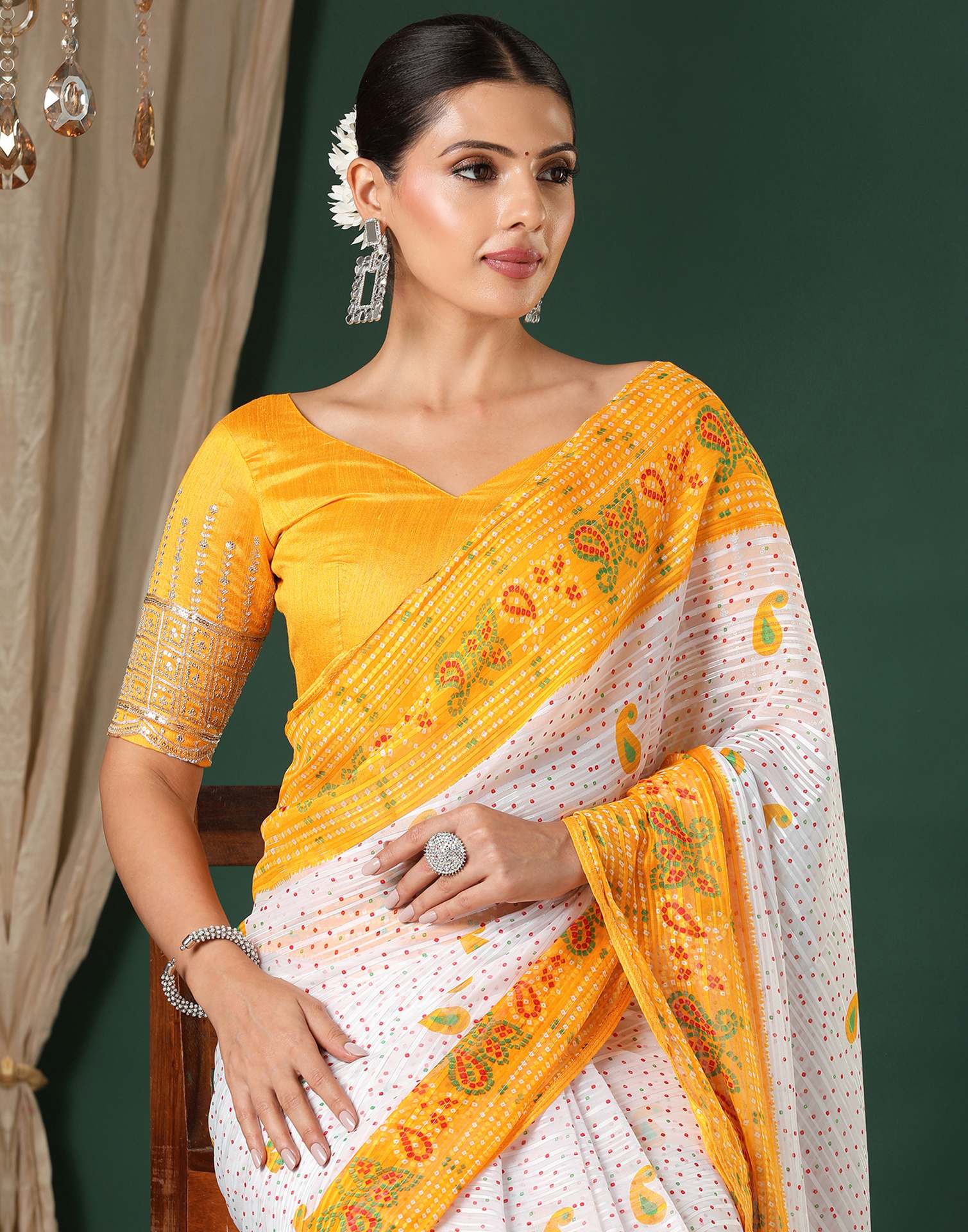 White Georgette Zari Stripe Bandhani Printed Saree