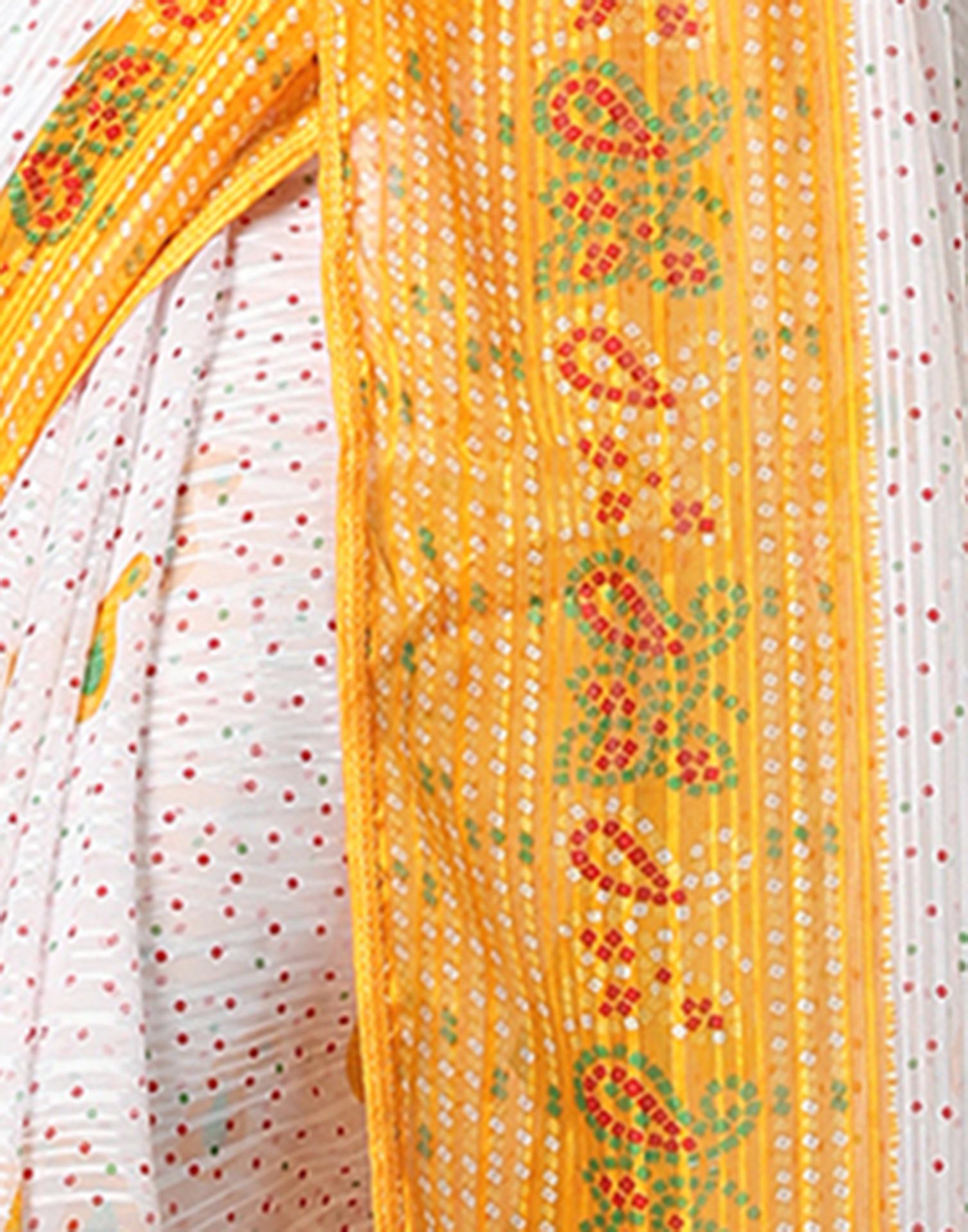White Georgette Zari Stripe Bandhani Printed Saree