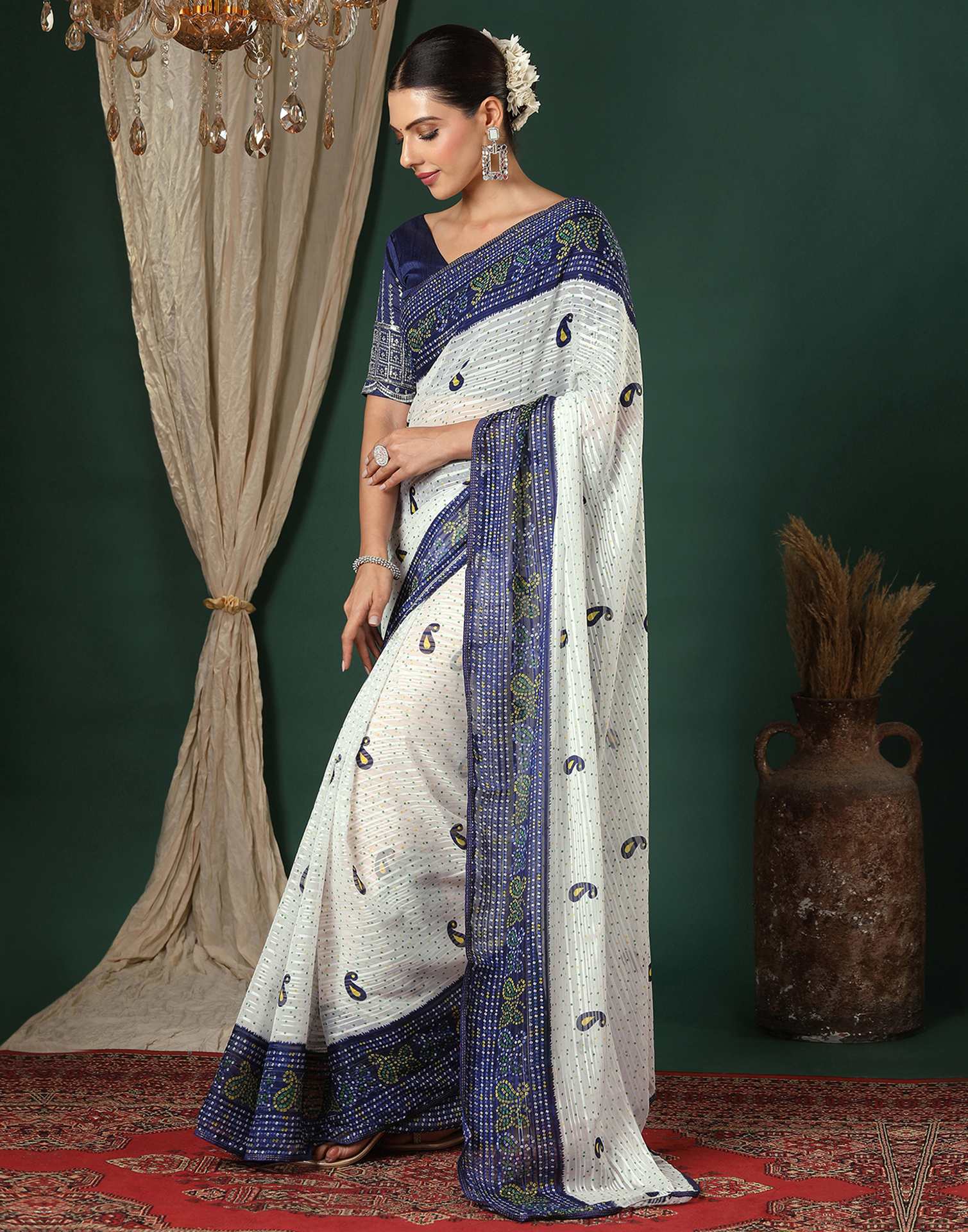 White Georgette Zari Stripe Bandhani Printed Saree