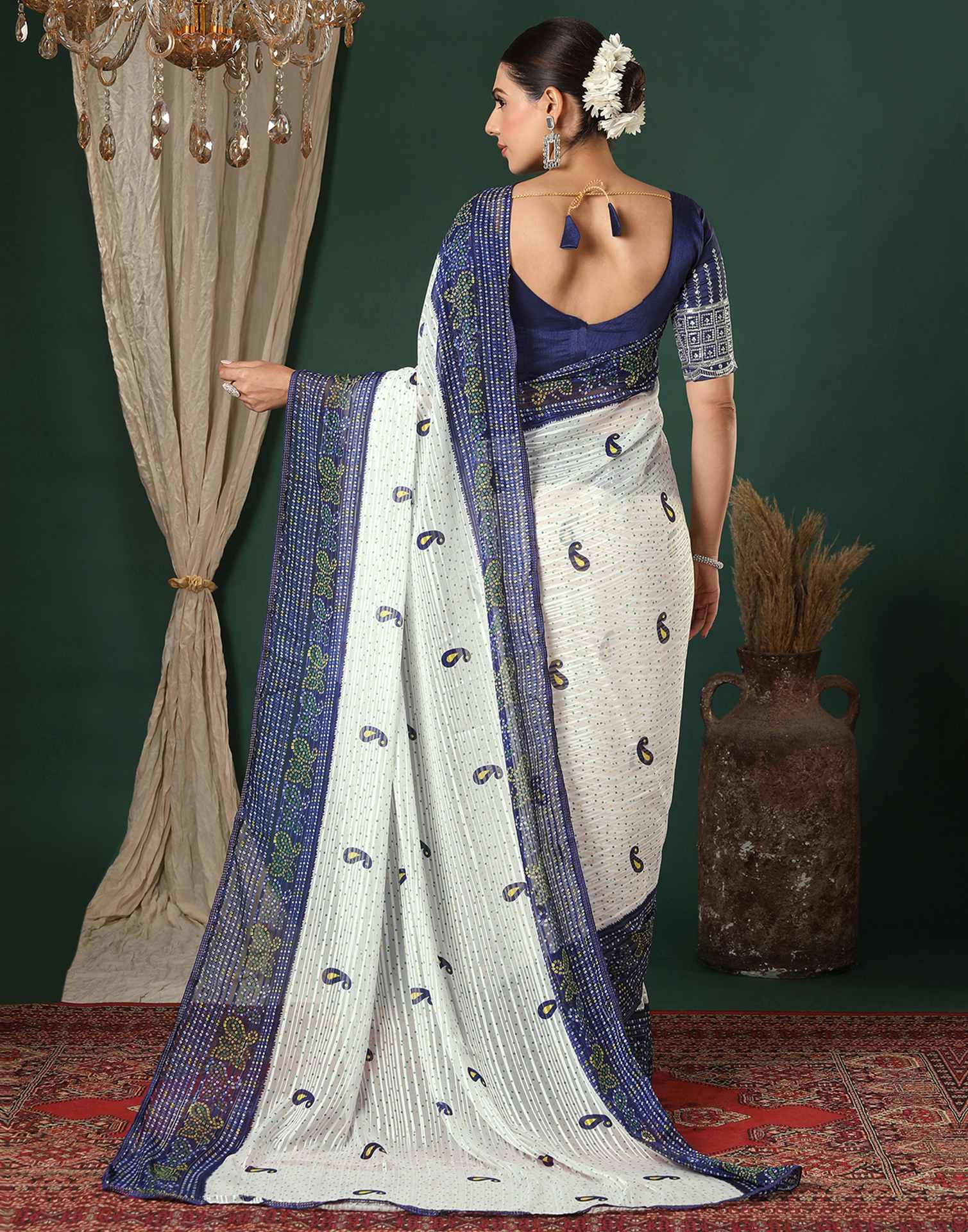 White Georgette Zari Stripe Bandhani Printed Saree