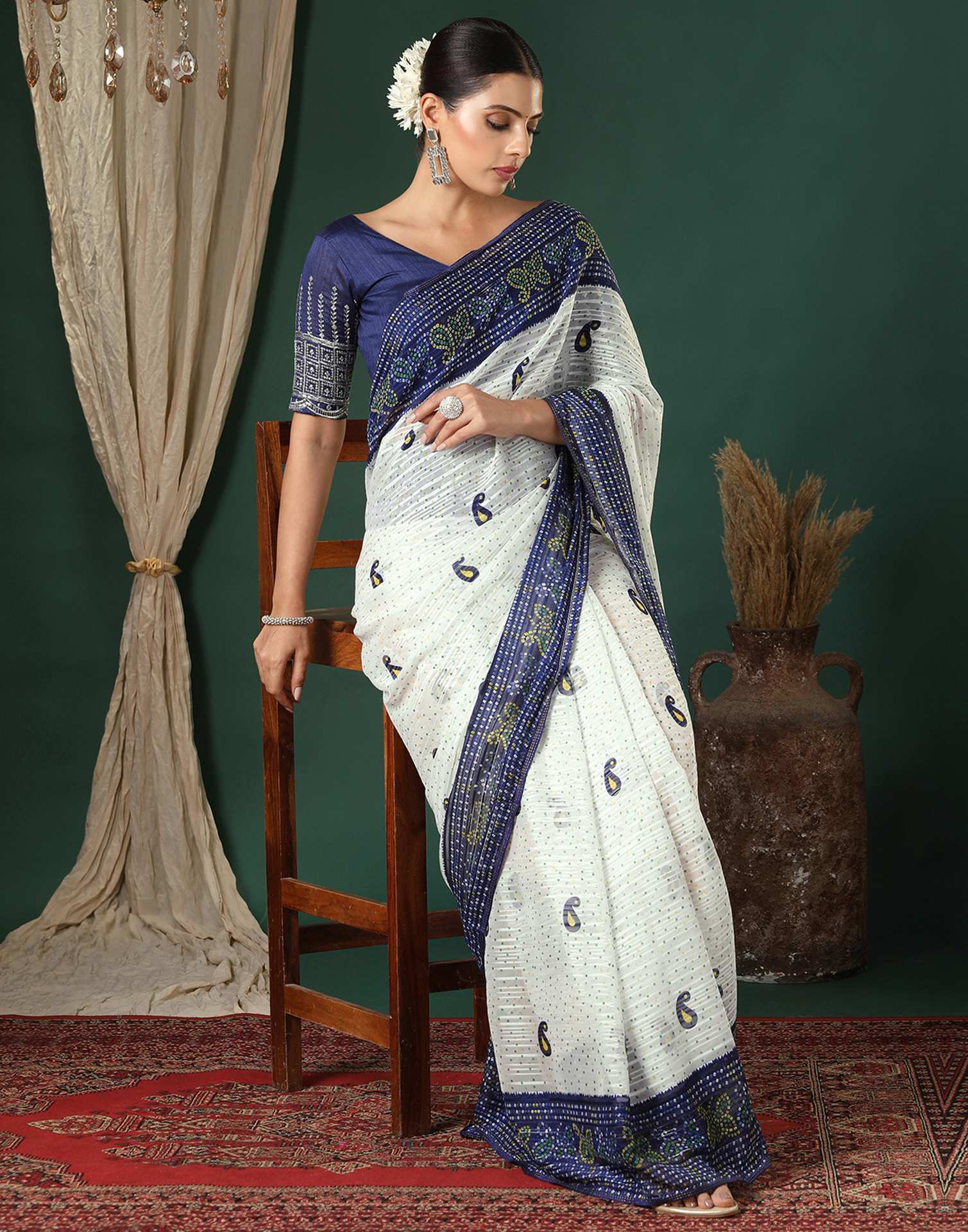 White Georgette Zari Stripe Bandhani Printed Saree