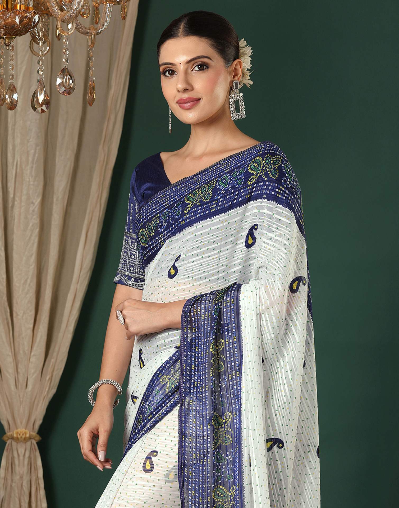 White Georgette Zari Stripe Bandhani Printed Saree
