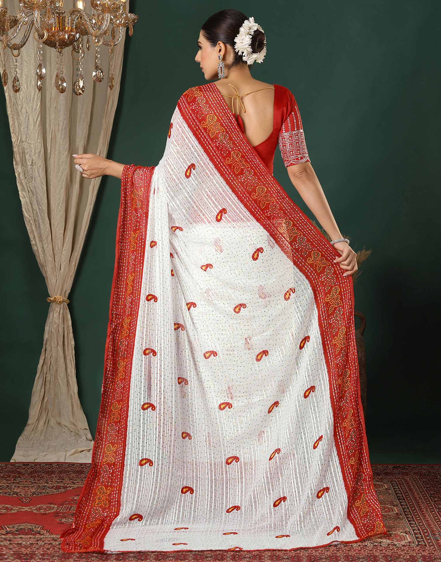 White Georgette Zari Stripe Bandhani Printed Saree