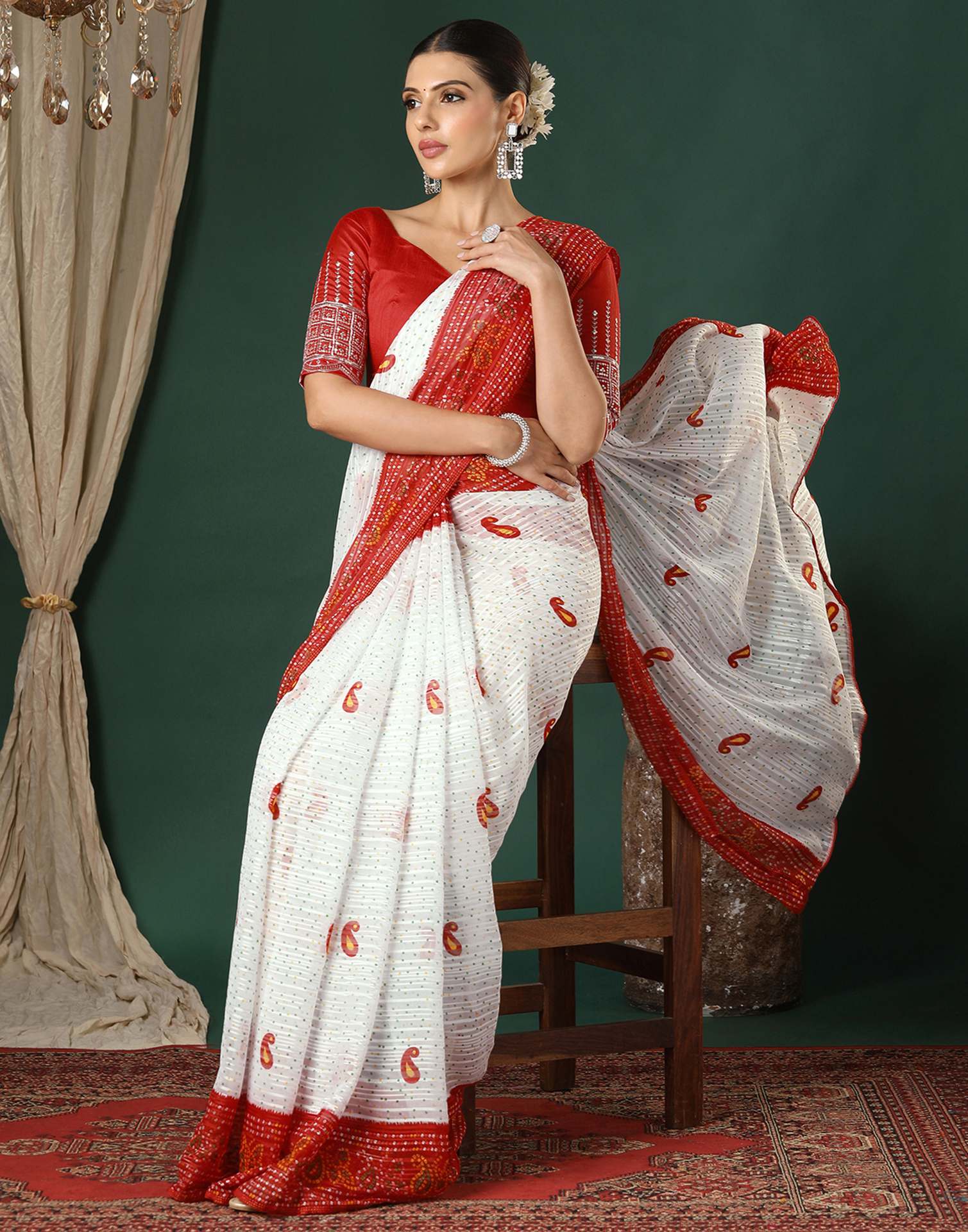 White Georgette Zari Stripe Bandhani Printed Saree