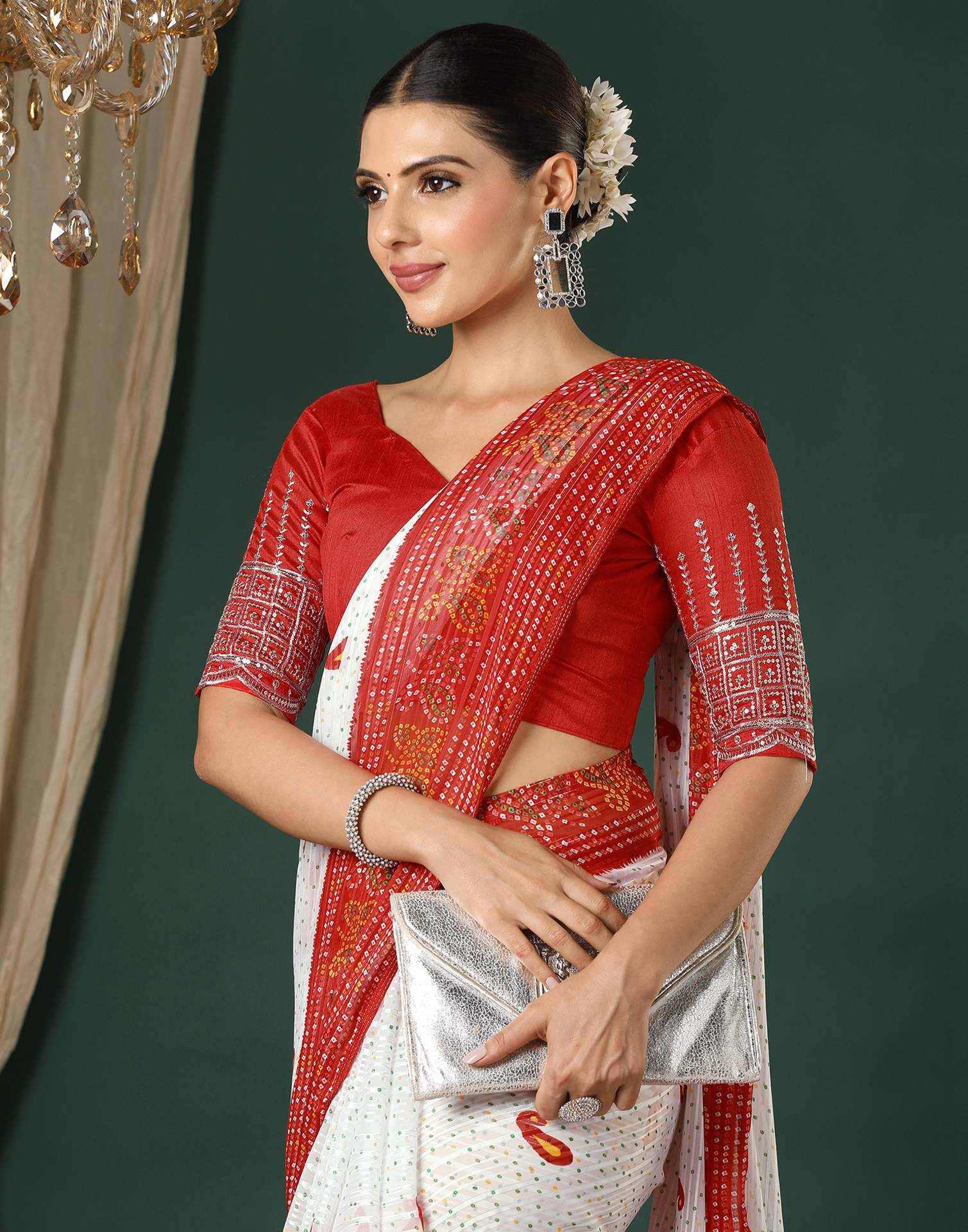 White Georgette Zari Stripe Bandhani Printed Saree