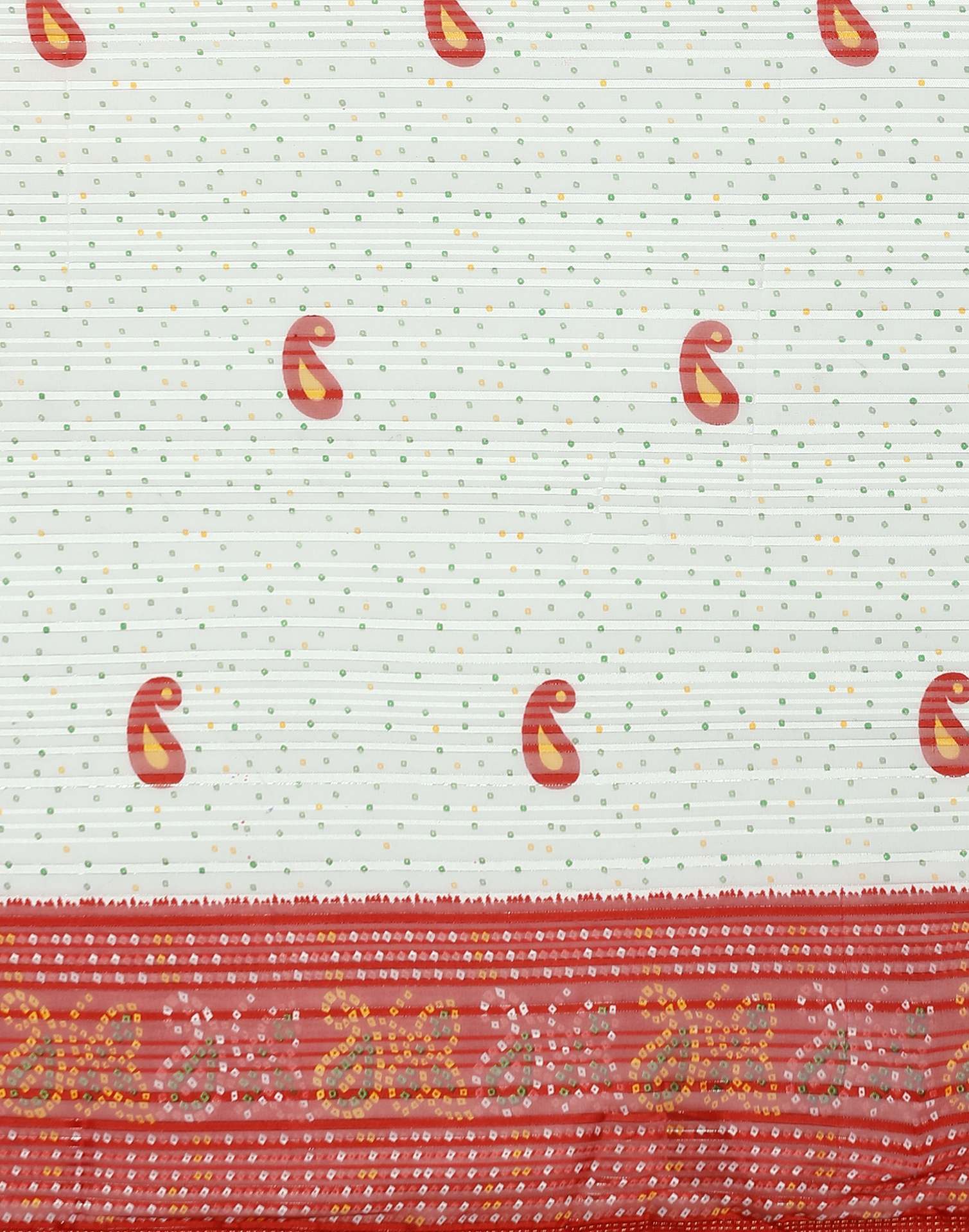White Georgette Zari Stripe Bandhani Printed Saree