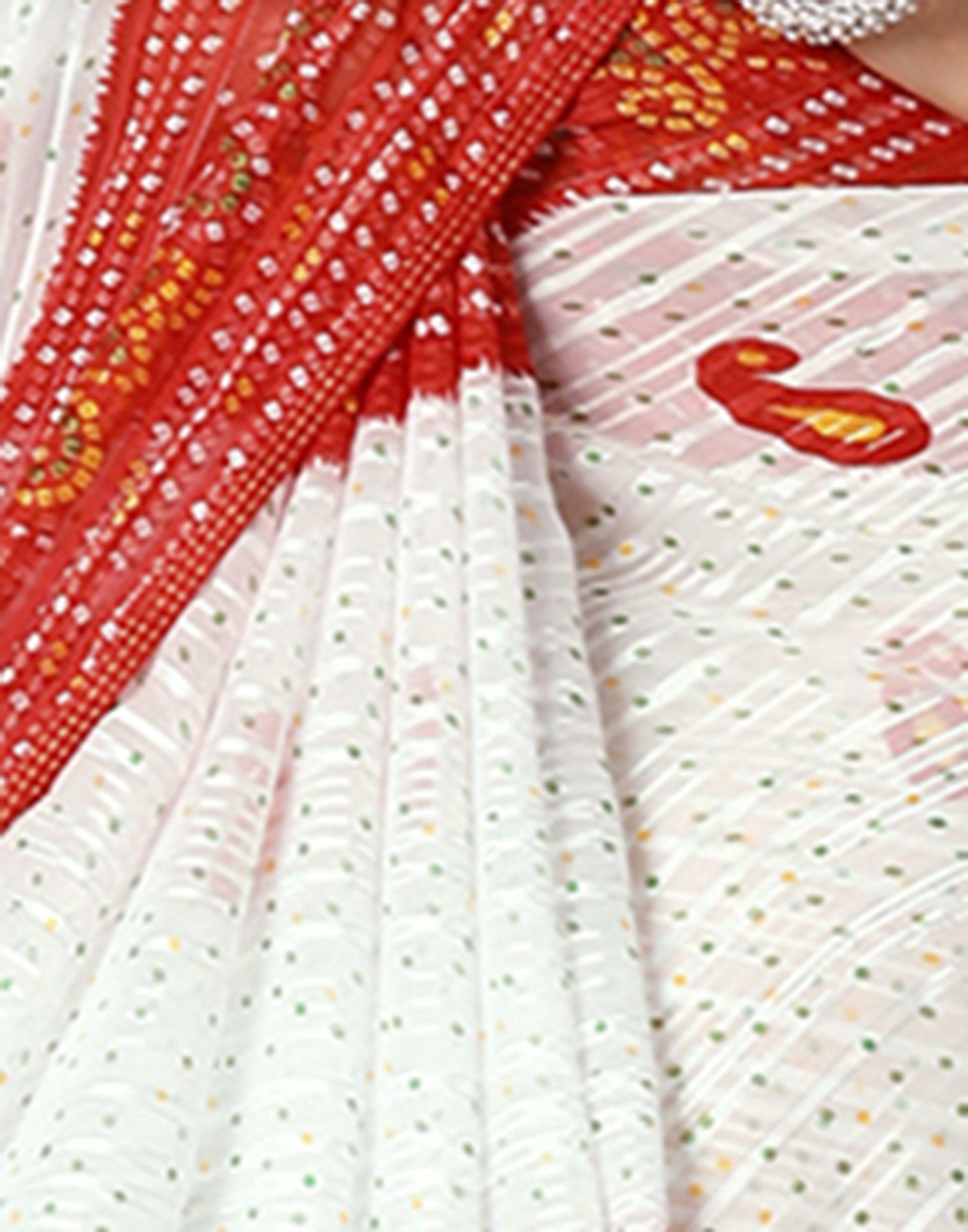 White Georgette Zari Stripe Bandhani Printed Saree