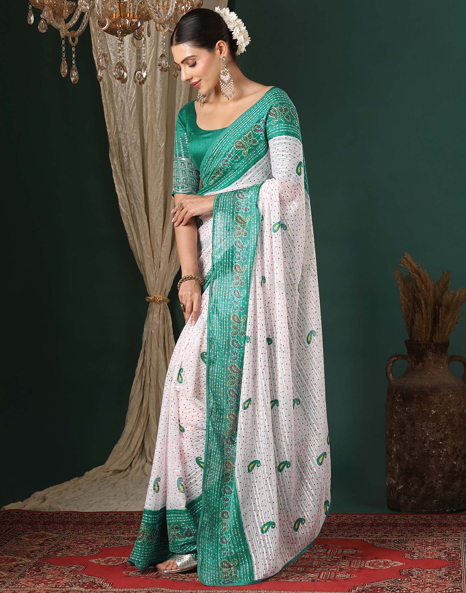 White Georgette Zari Stripe Bandhani Printed Saree
