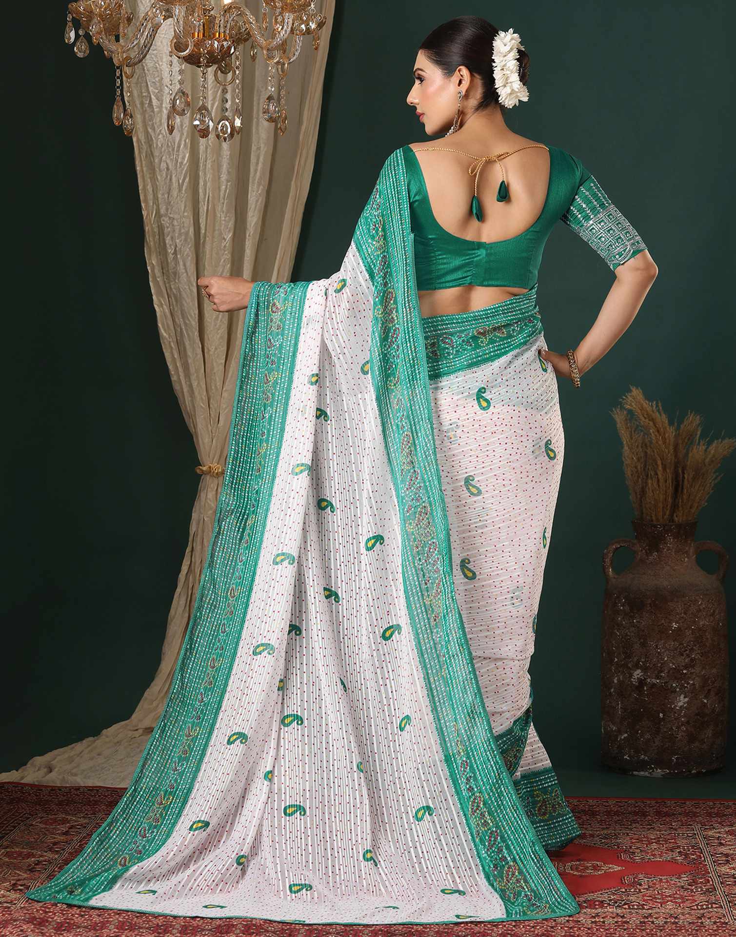 White Georgette Zari Stripe Bandhani Printed Saree