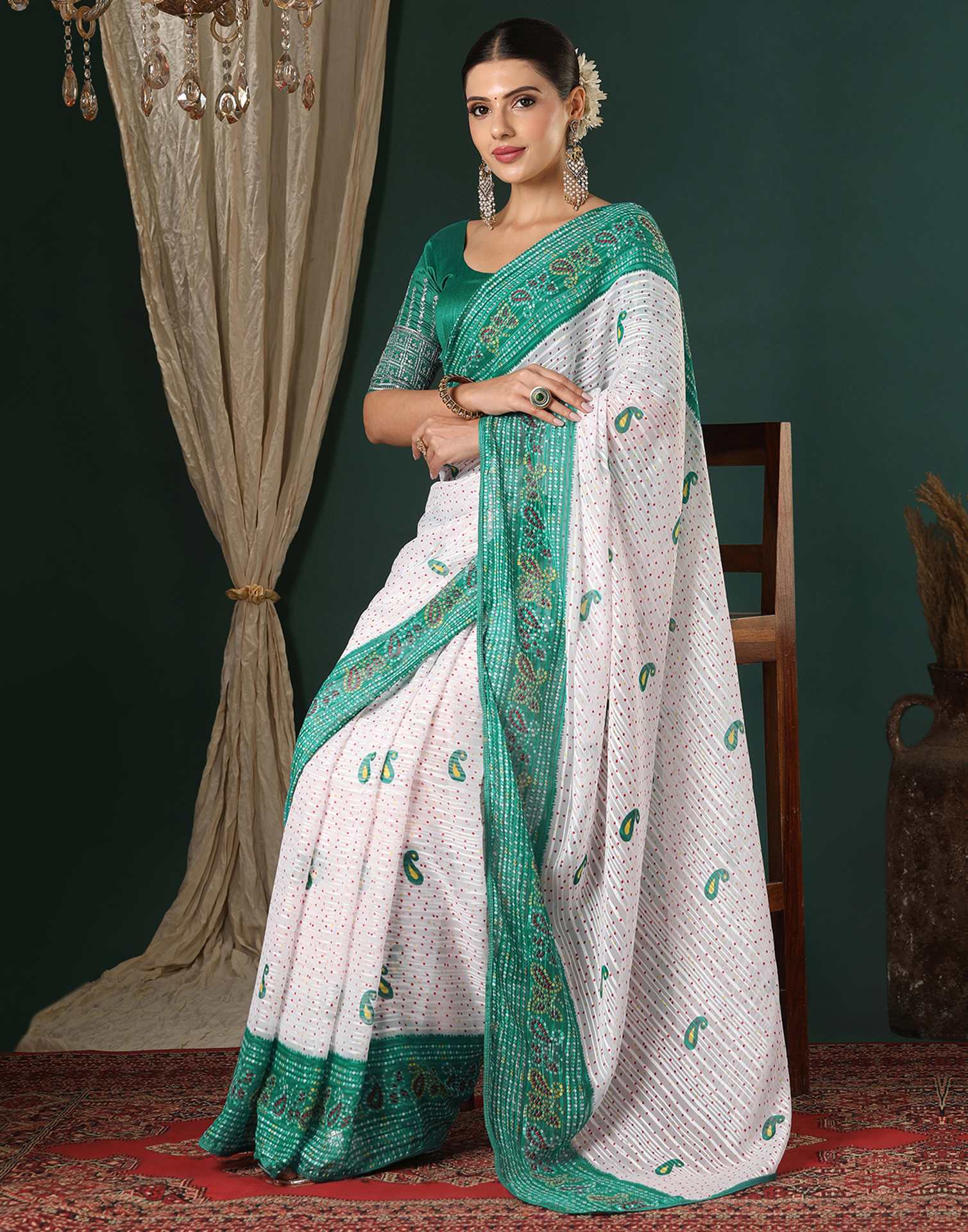 White Georgette Zari Stripe Bandhani Printed Saree