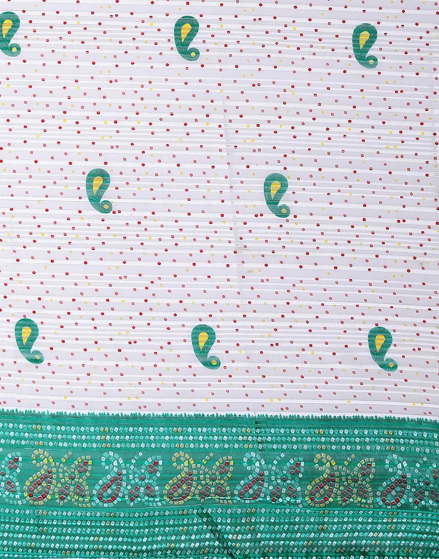 White Georgette Zari Stripe Bandhani Printed Saree