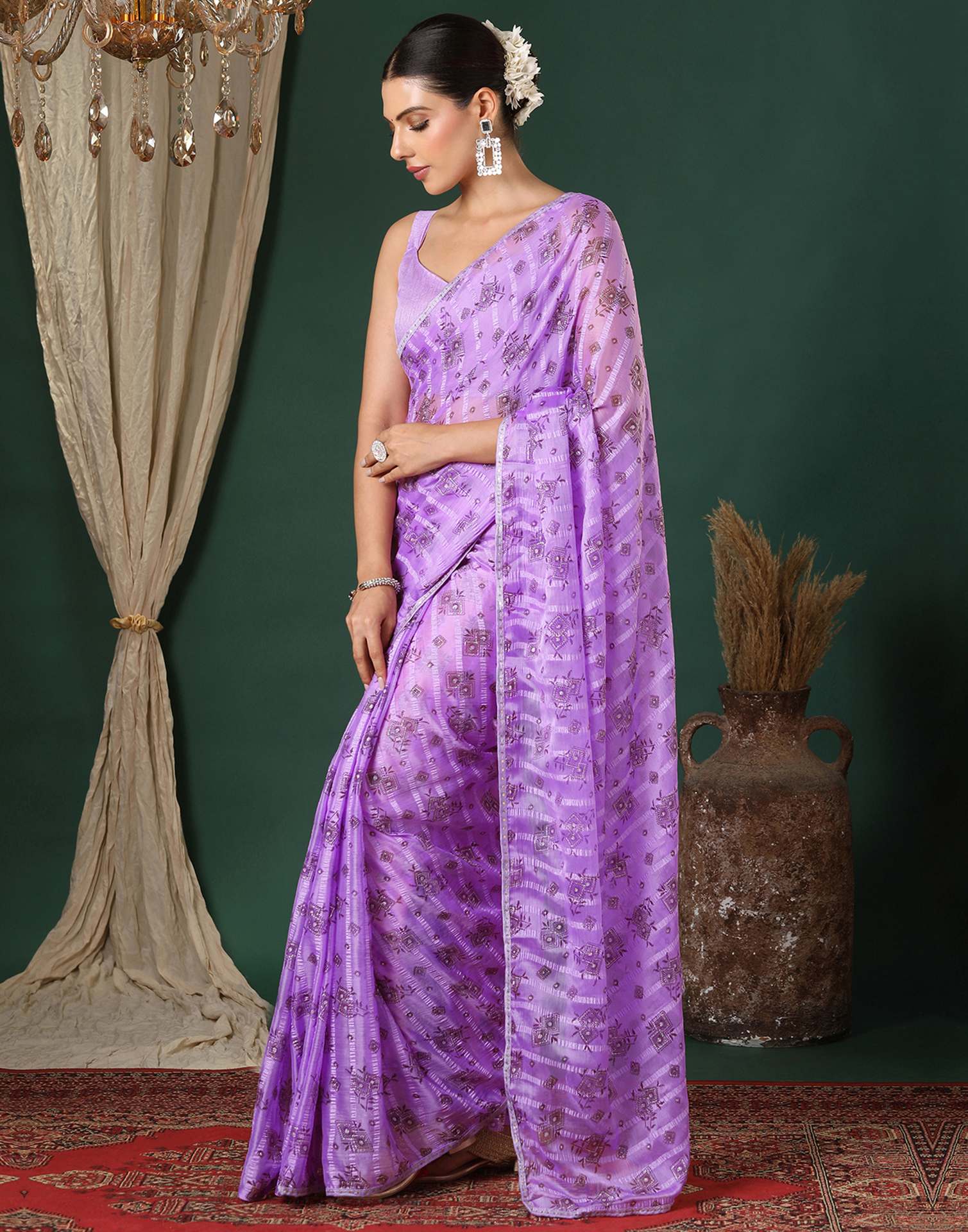 Lavender Georgette Woven Stripe Floral Printed Saree